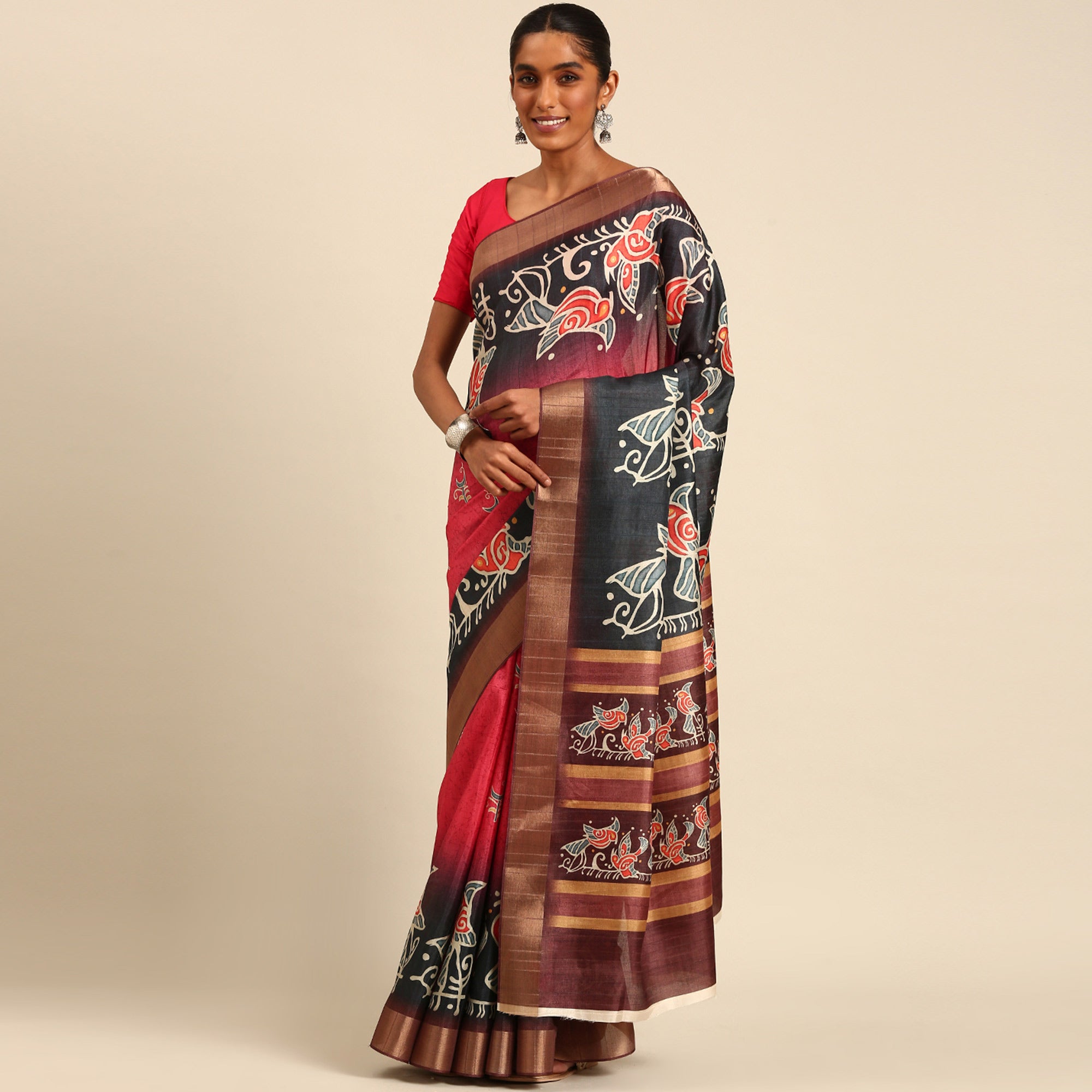 Pink & Black Digital Printed Cotton Blend Saree With Woven Border