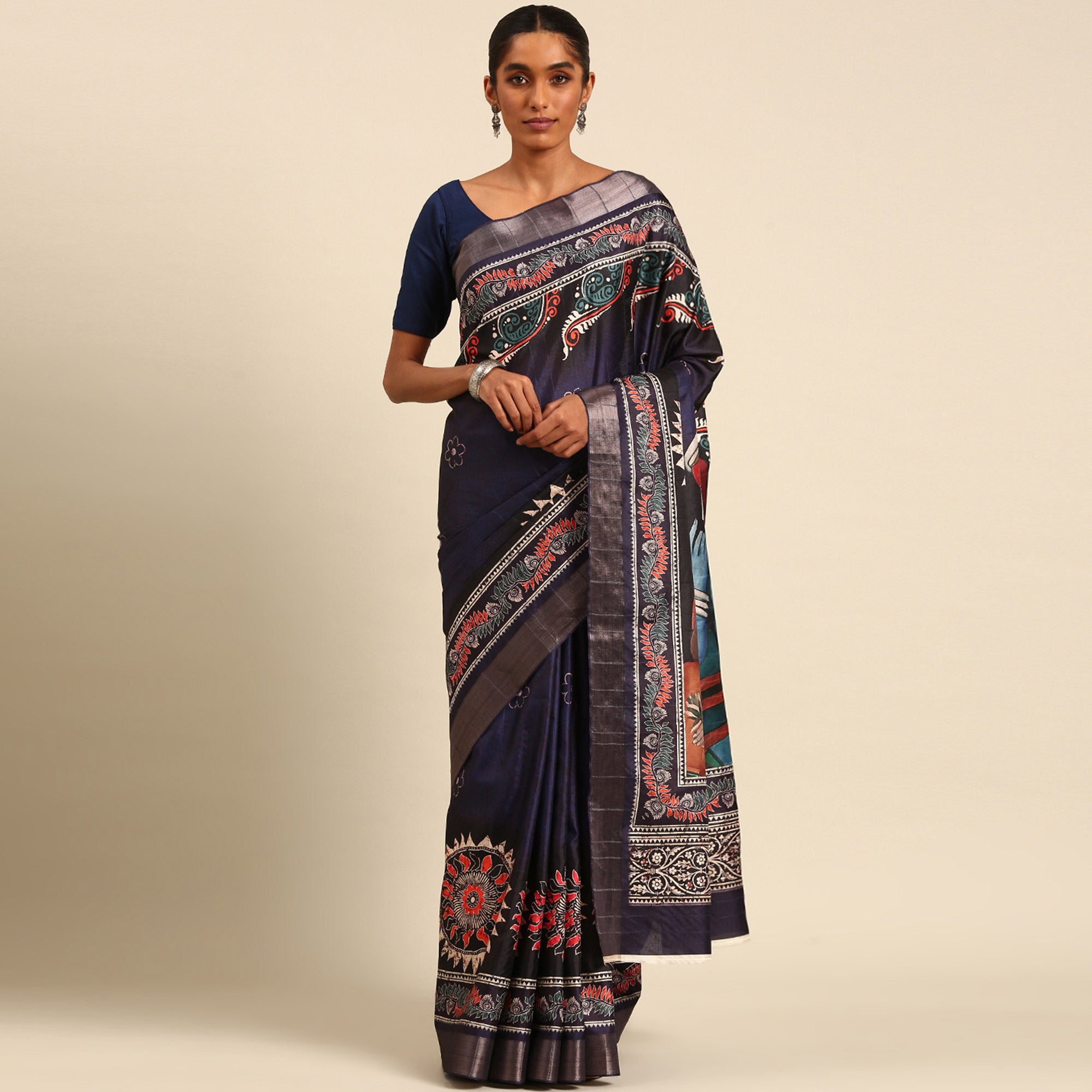 Navy Blue Digital Printed Cotton Blend Saree With Woven Border