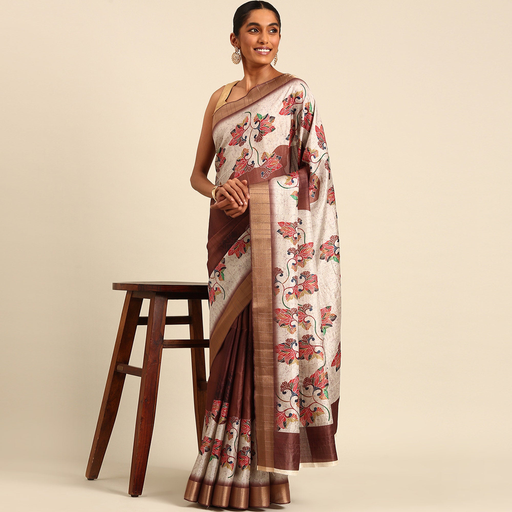 Cream & Brown Digital Printed Cotton Blend Saree With Woven Border