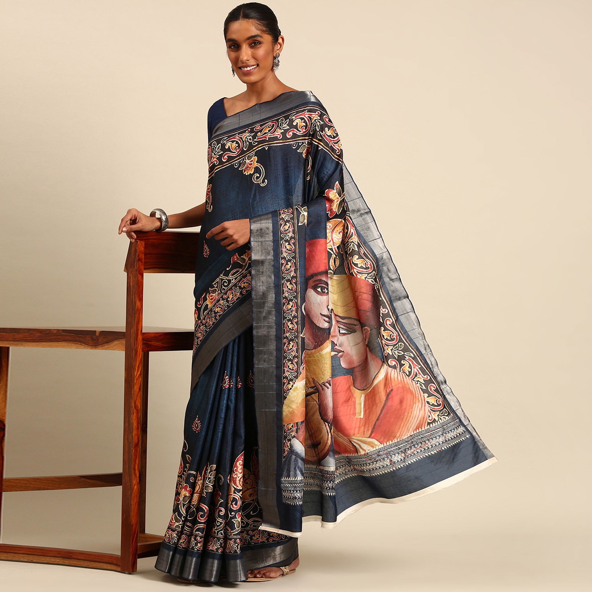 Blue Digital Printed Cotton Blend Saree With Woven Border