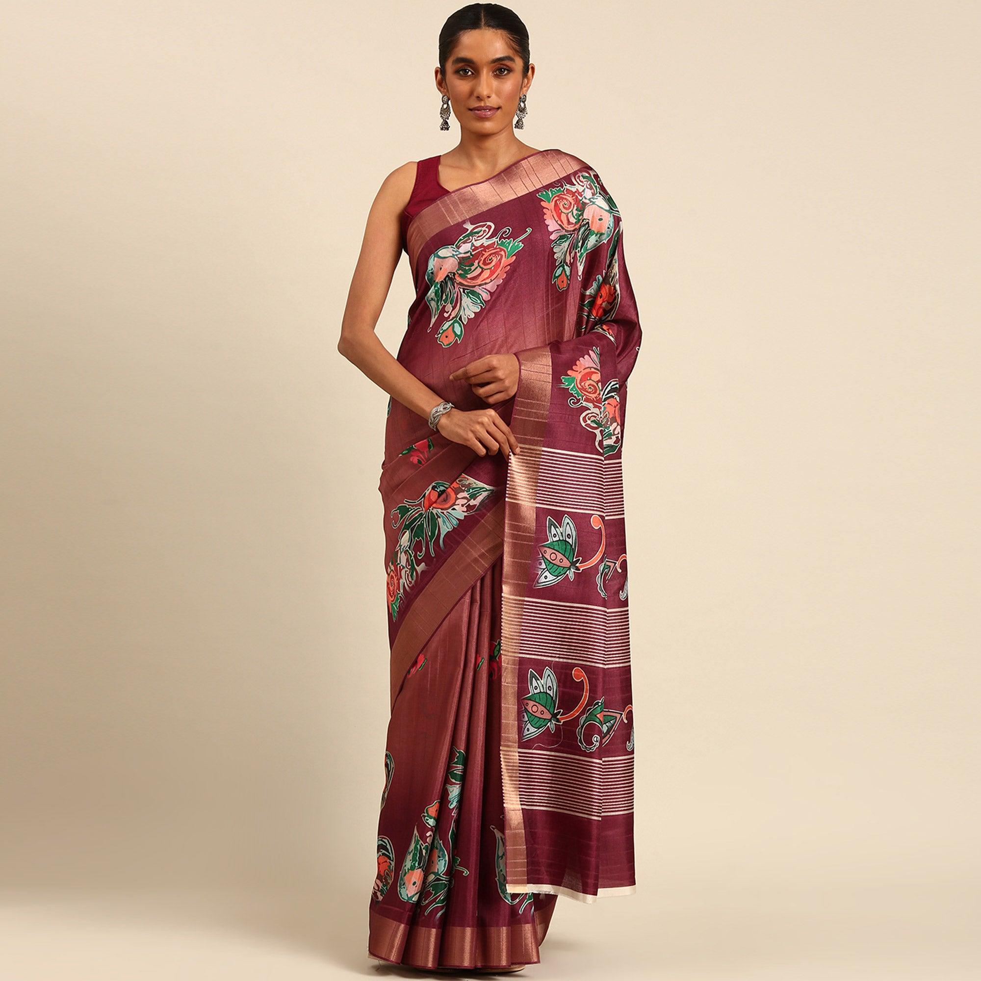 Maroon Digital Printed Cotton Blend Saree With Woven Border