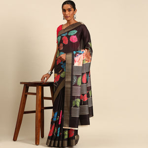 Black Digital Printed Cotton Blend Saree With Woven Border