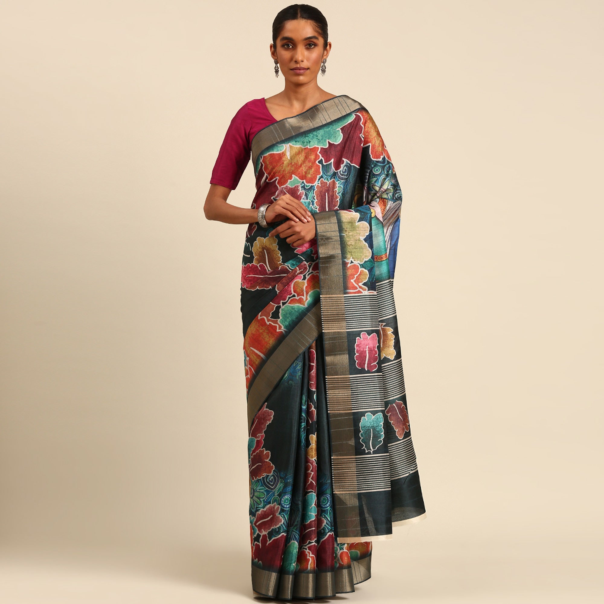 Teal Digital Printed Cotton Blend Saree With Woven Border