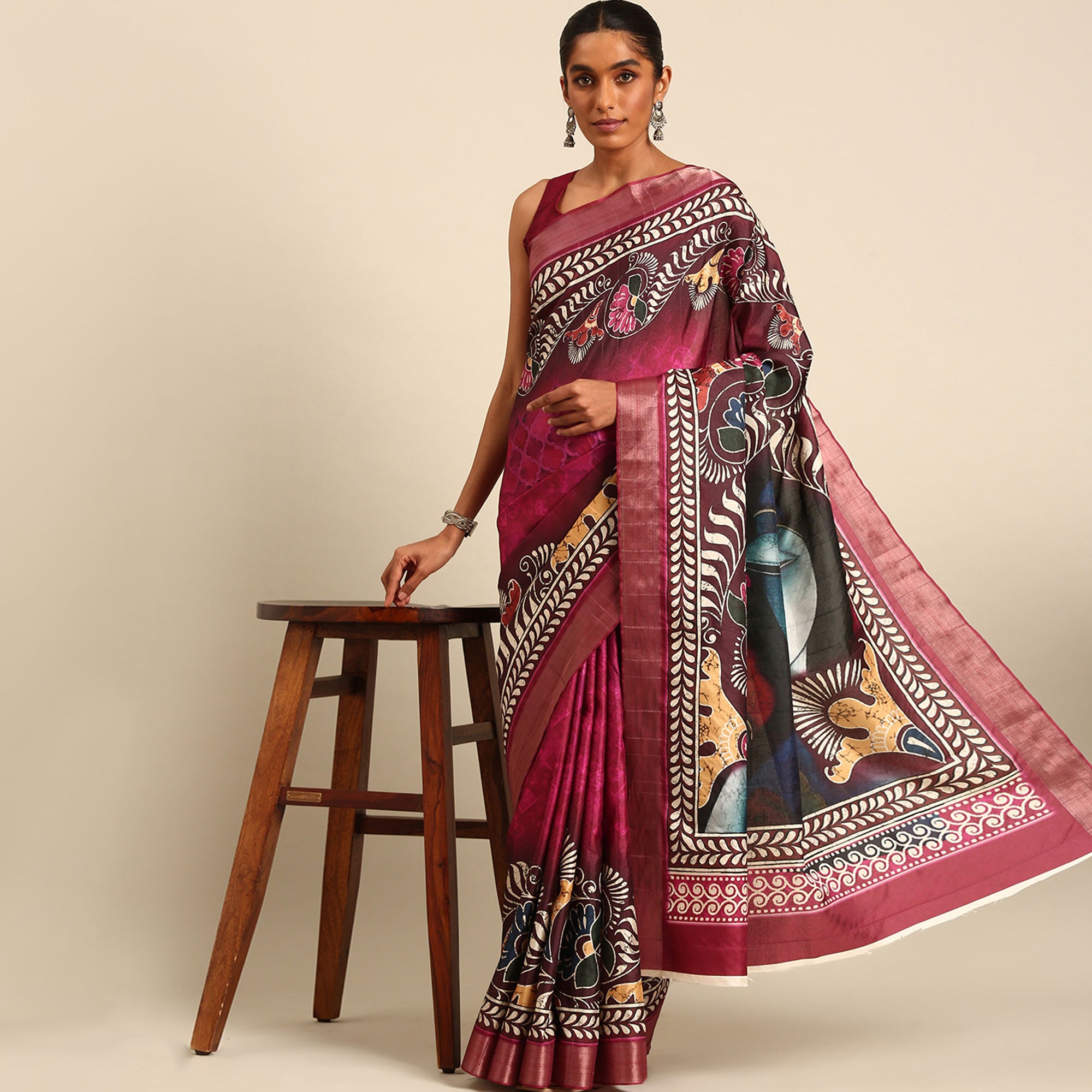 Pink Digital Printed Cotton Blend Saree With Woven Border