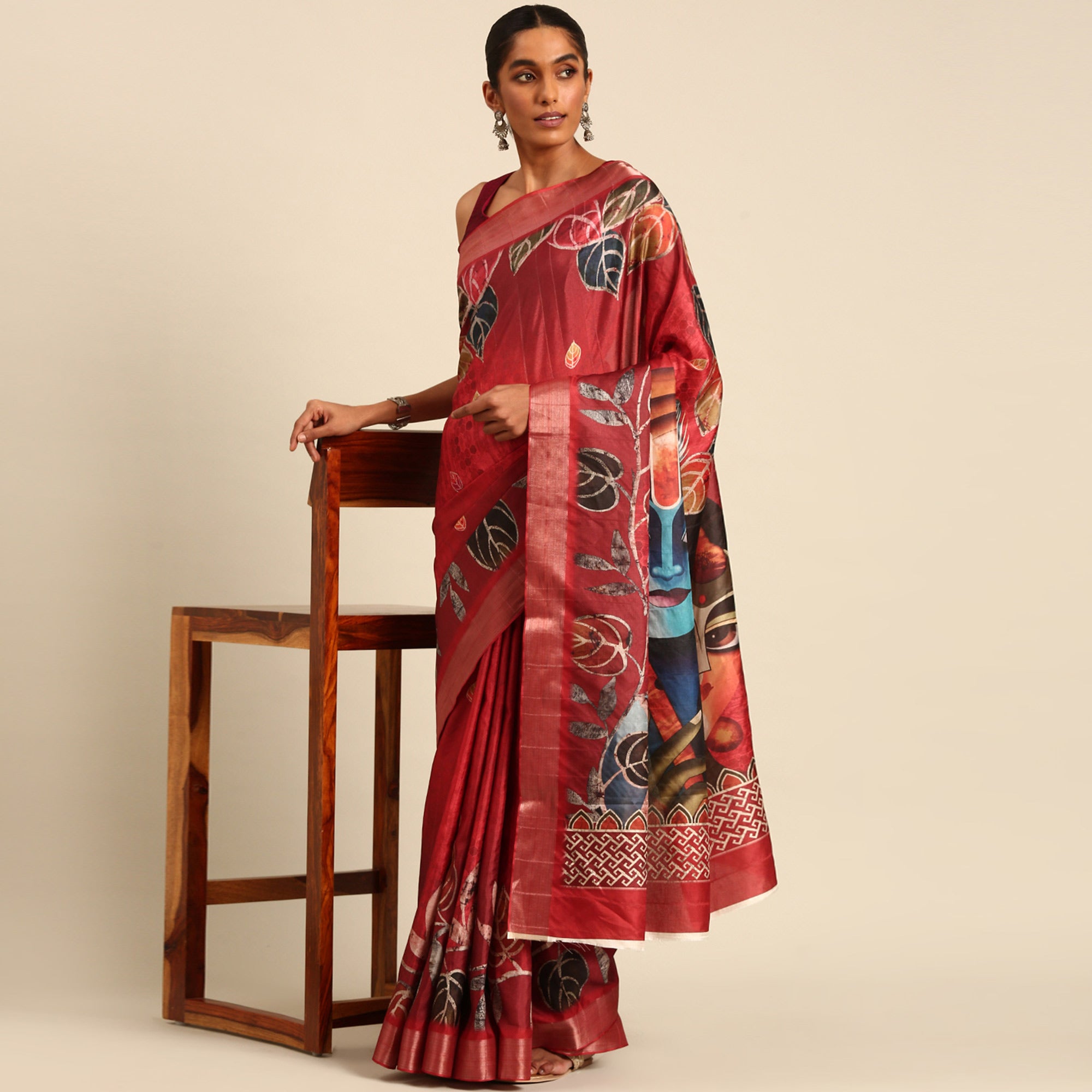 Red Digital Printed Cotton Blend Saree With Woven Border