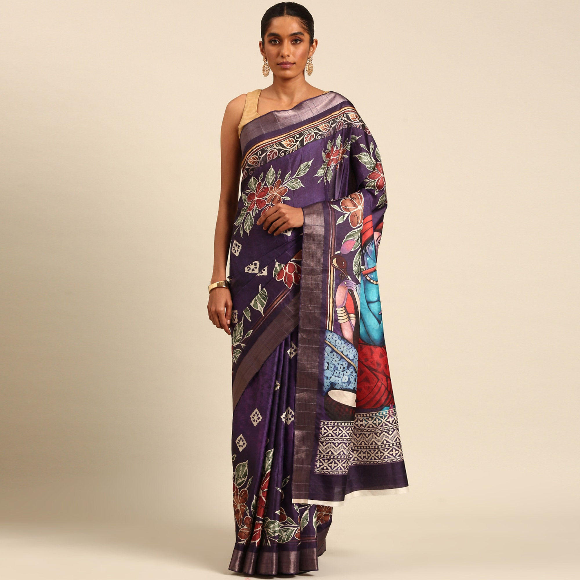 Purple Digital Printed Cotton Blend Saree With Woven Border