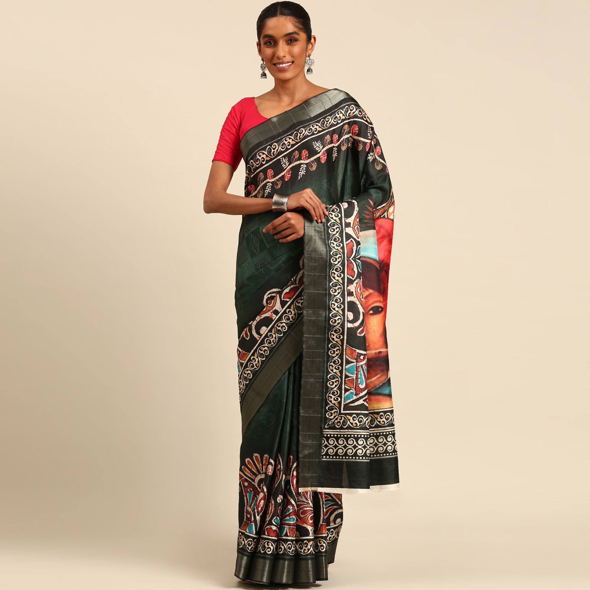 Green Digital Printed Cotton Blend Saree With Woven Border