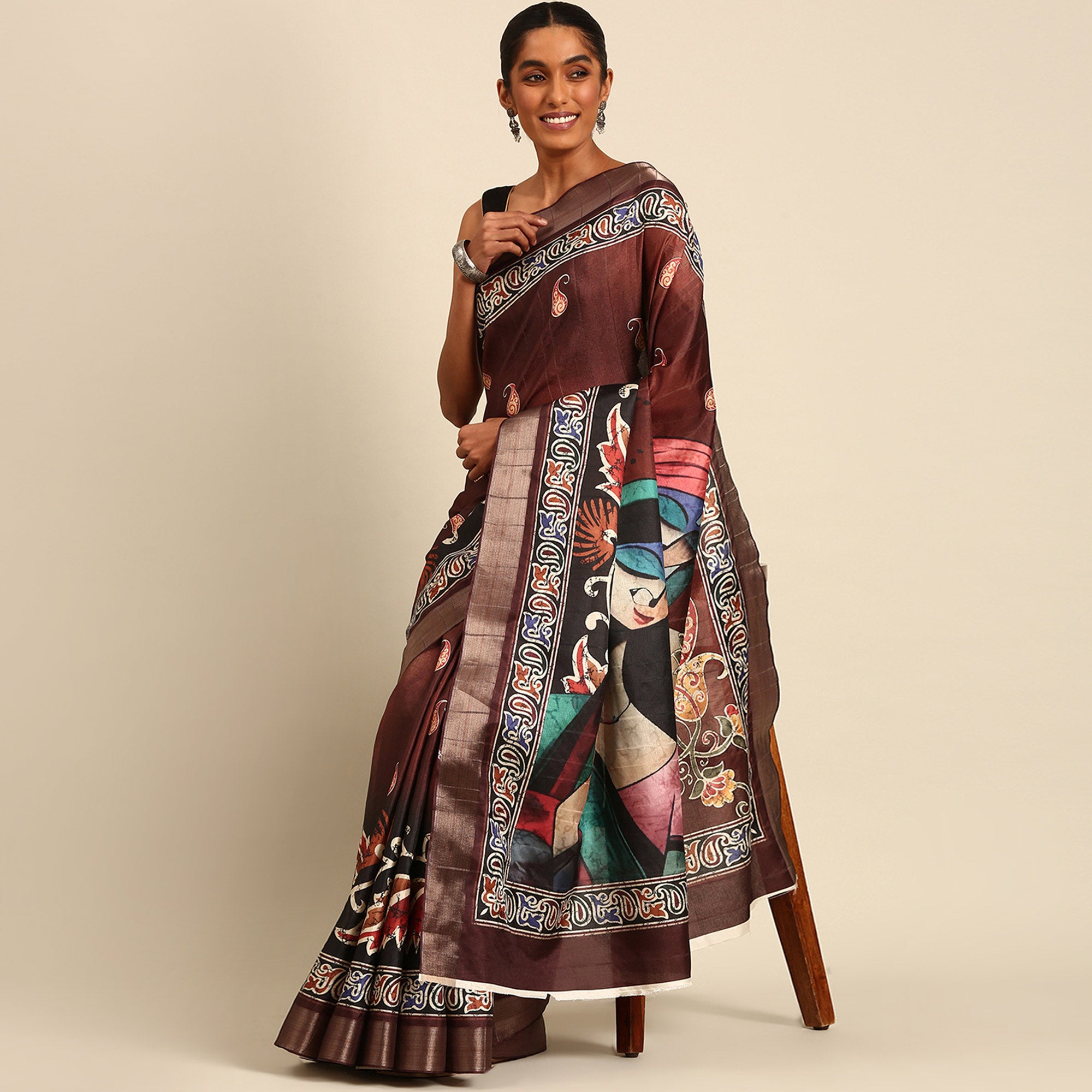 Dark Brown Digital Printed Cotton Blend Saree With Woven Border