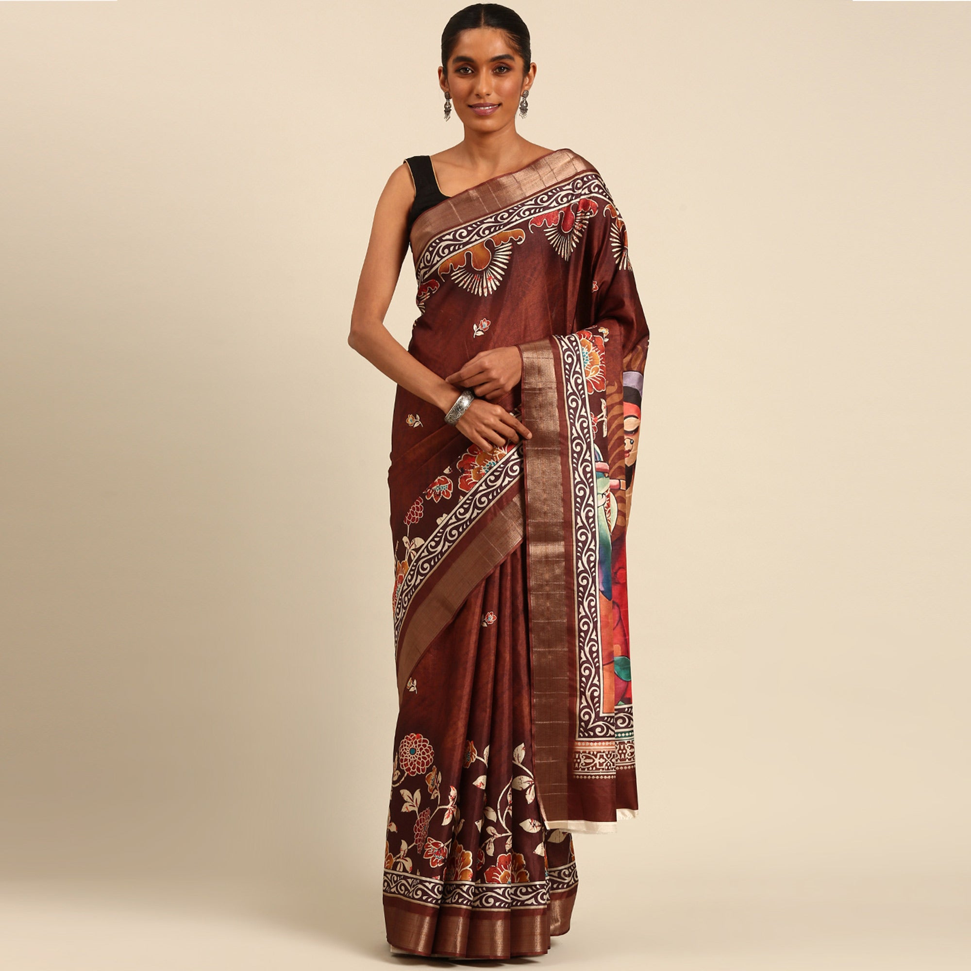 Brown Digital Printed Cotton Blend Saree With Woven Border