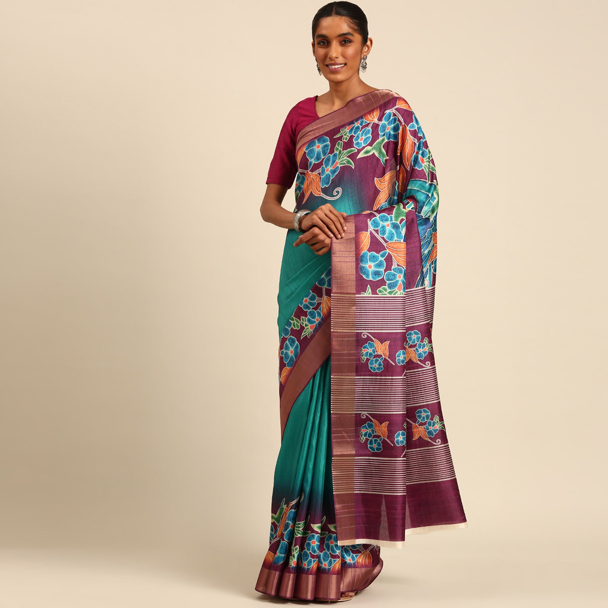 Turquoise Digital Printed Cotton Blend Saree With Woven Border