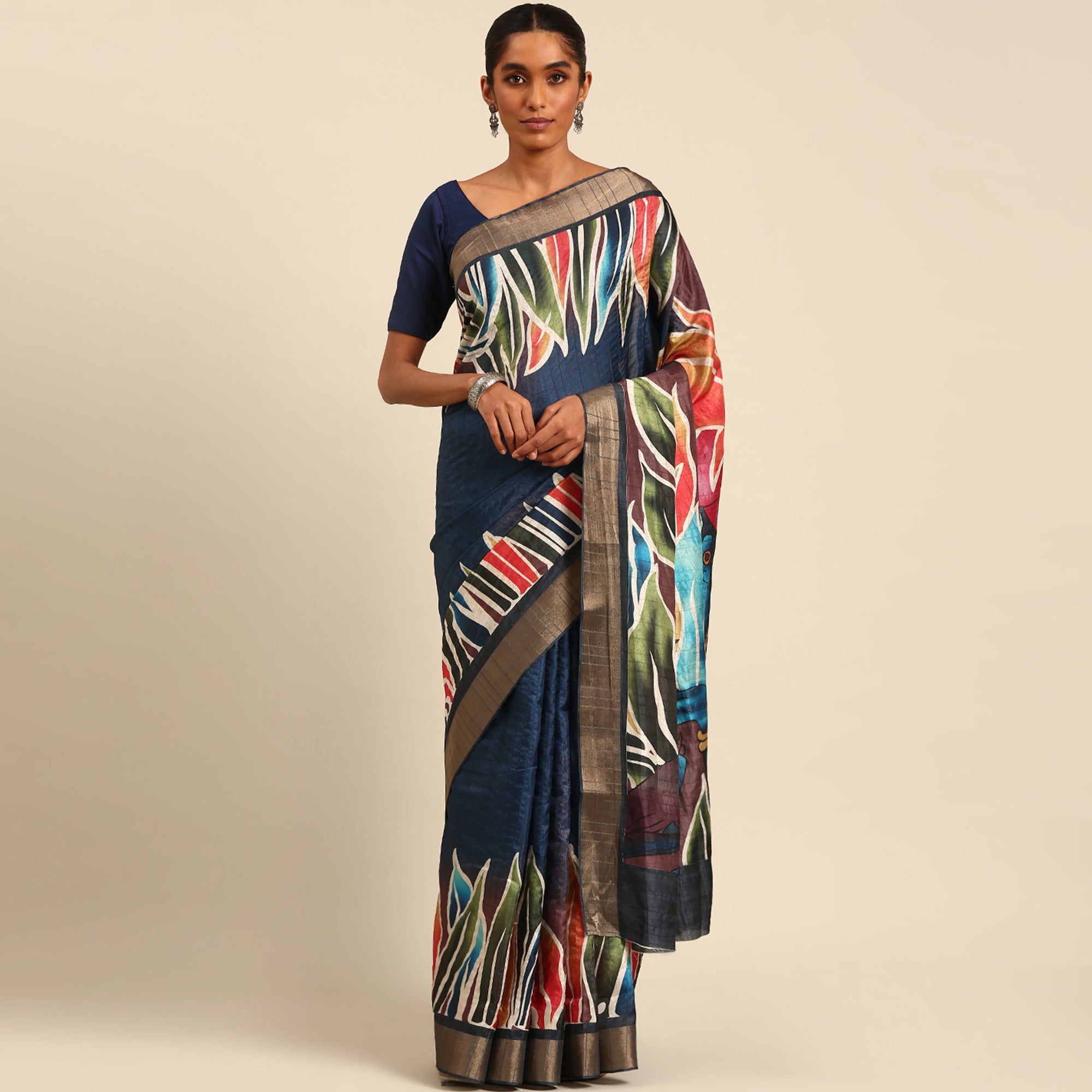 Blue Digital Printed Cotton Blend Saree With Woven Border