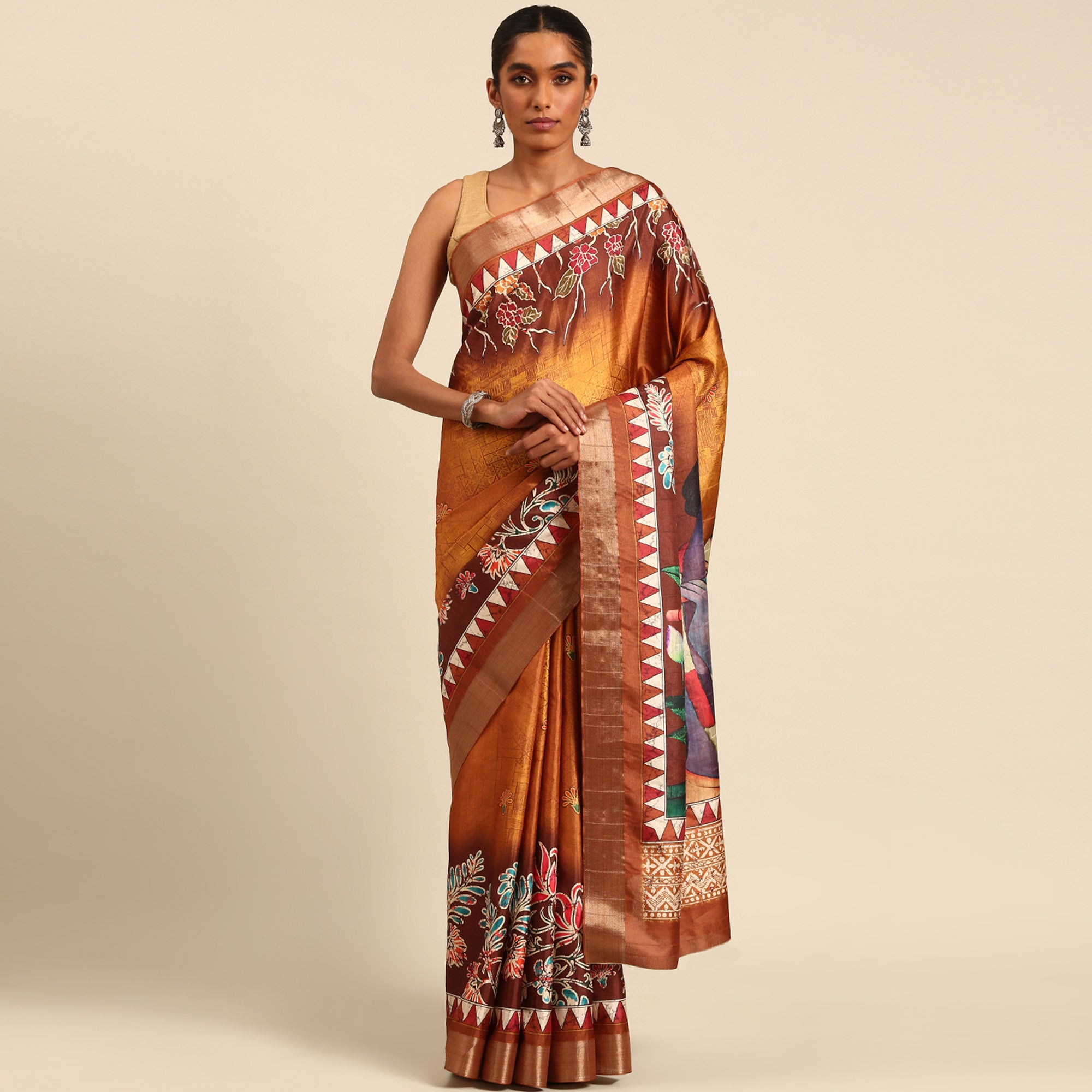 Orange Digital Printed Cotton Blend Saree With Woven Border