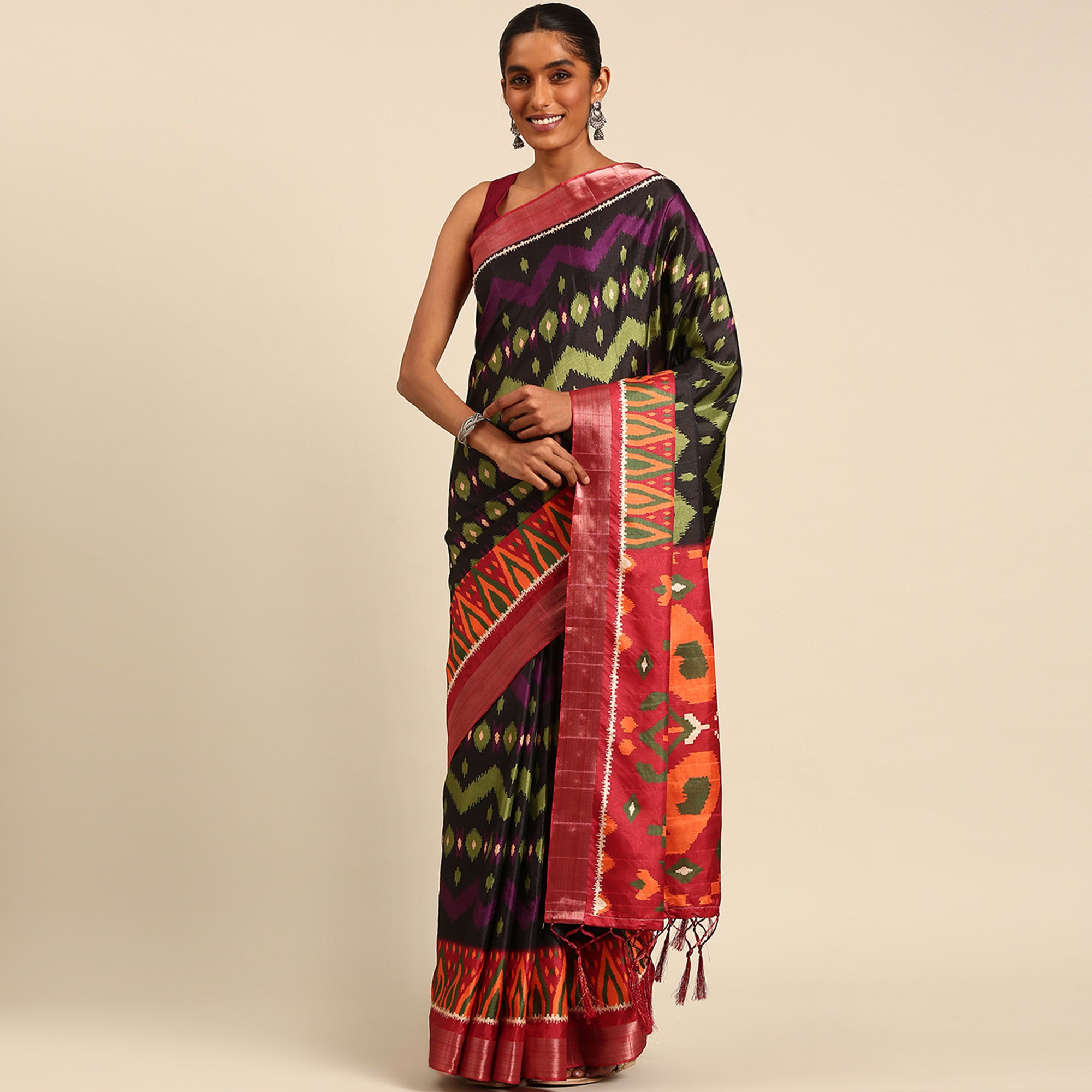 Black Digital Printed Cotton Blend Saree With Woven Border