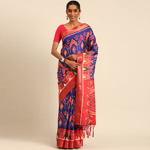 Blue Digital Printed Cotton Blend Saree With Woven Border