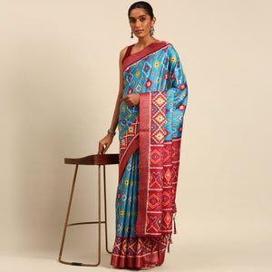 Blue Digital Printed Cotton Blend Saree With Woven Border