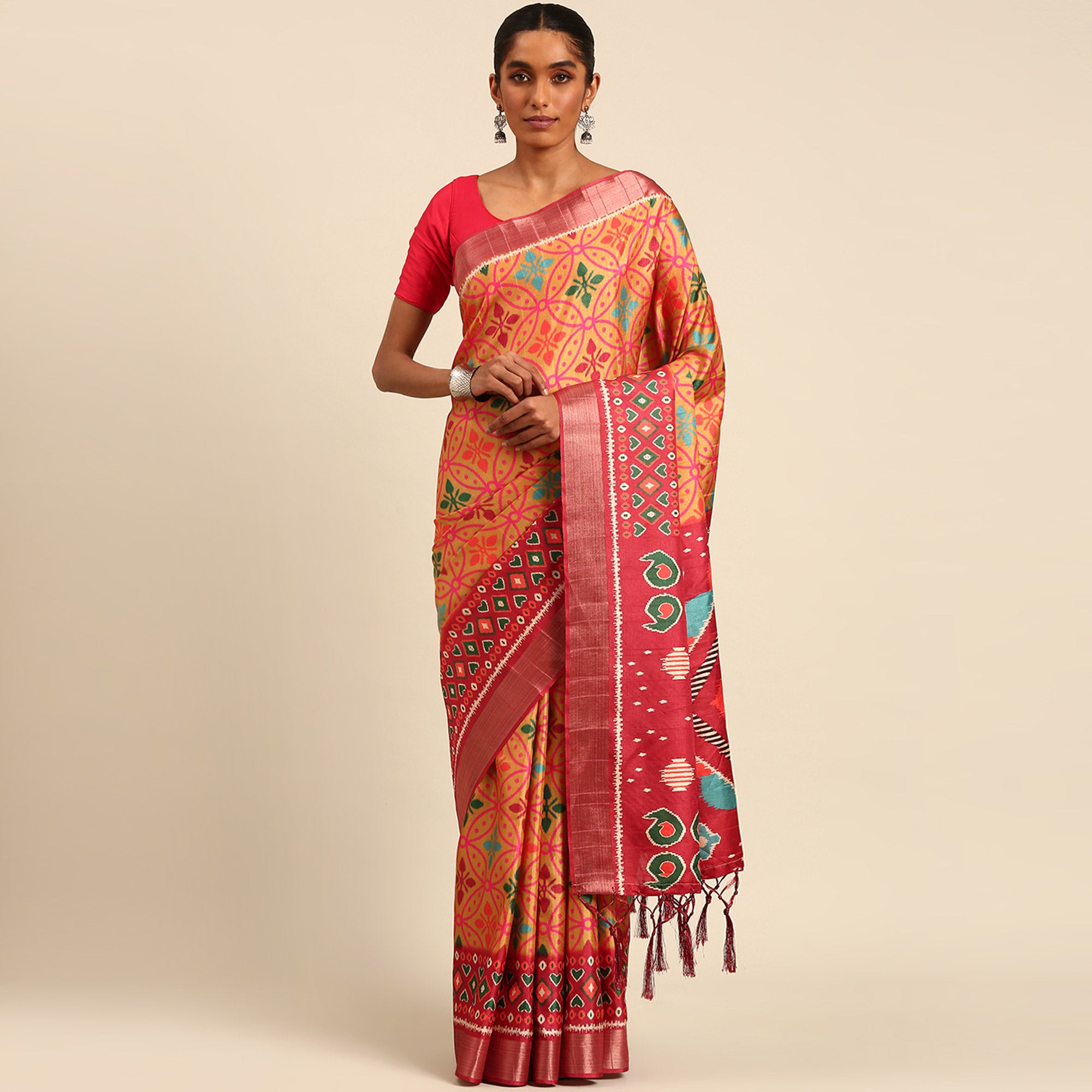 Orange Digital Printed Cotton Blend Saree With Woven Border