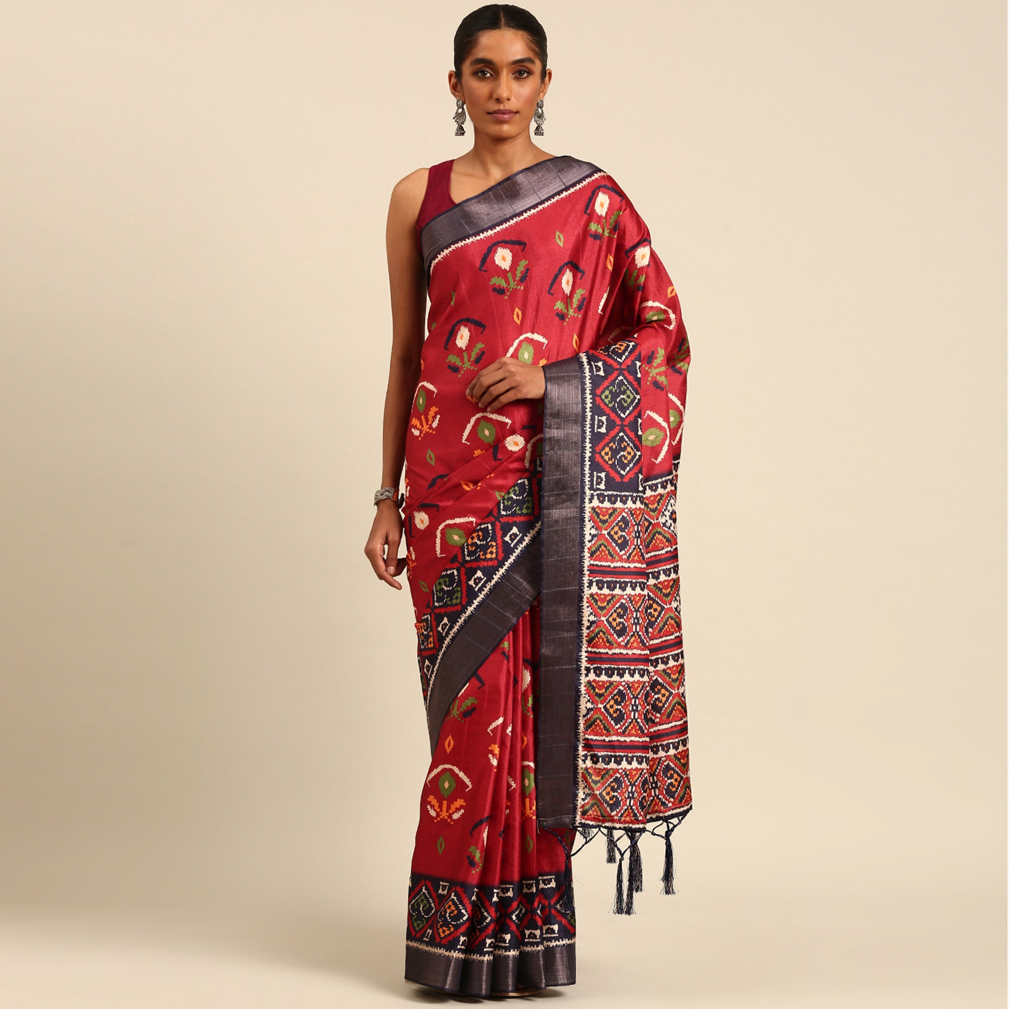 Red Digital Printed Cotton Blend Saree With Woven Border