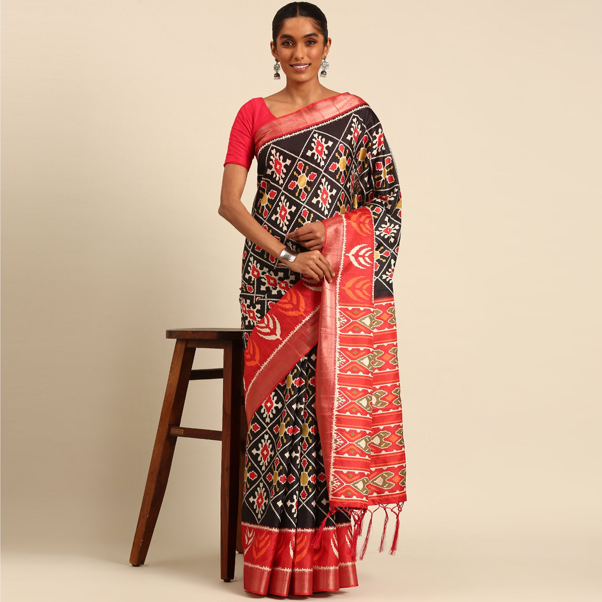 Black Digital Printed Cotton Blend Saree With Woven Border