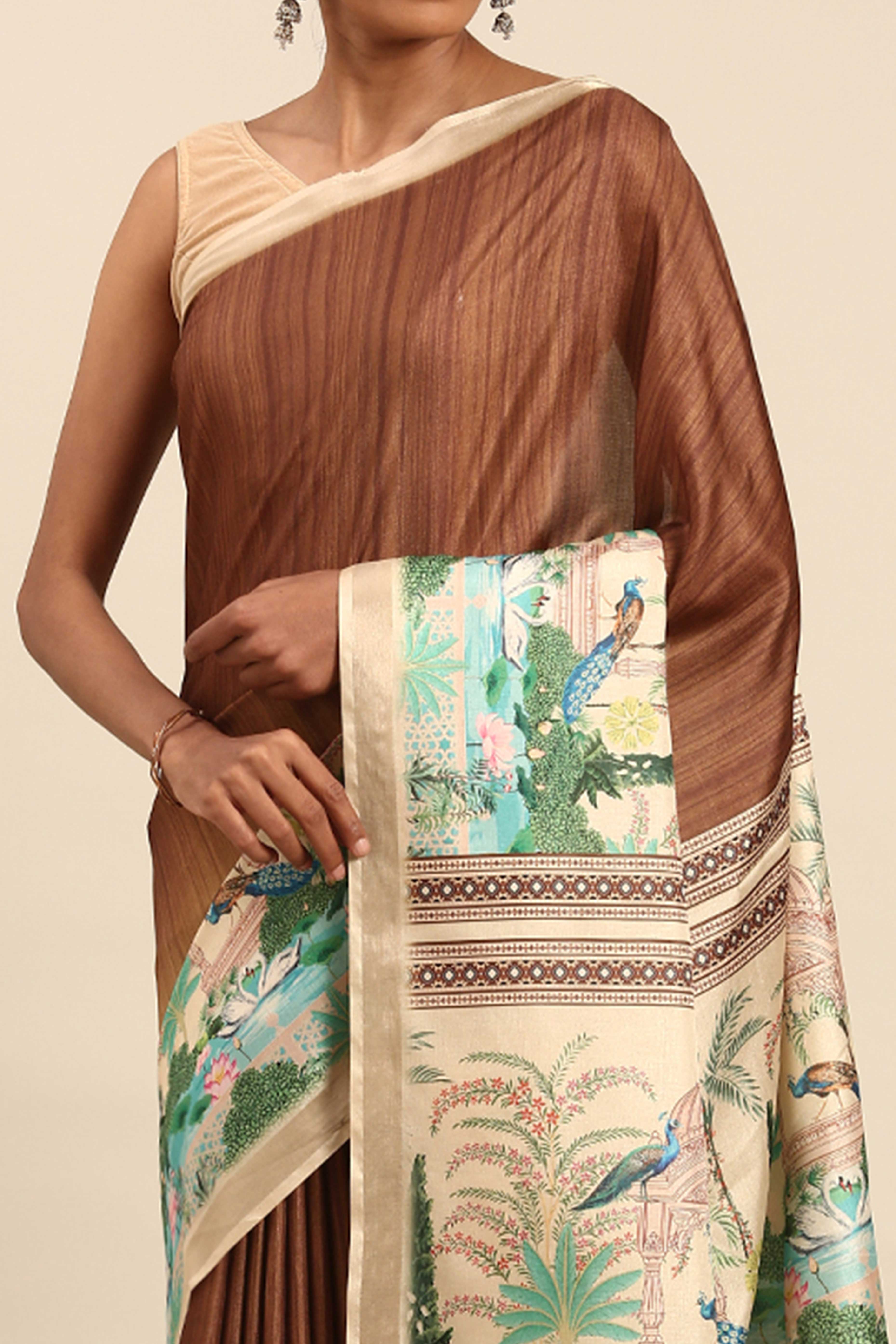 Brown Digital Printed Cotton Silk Saree