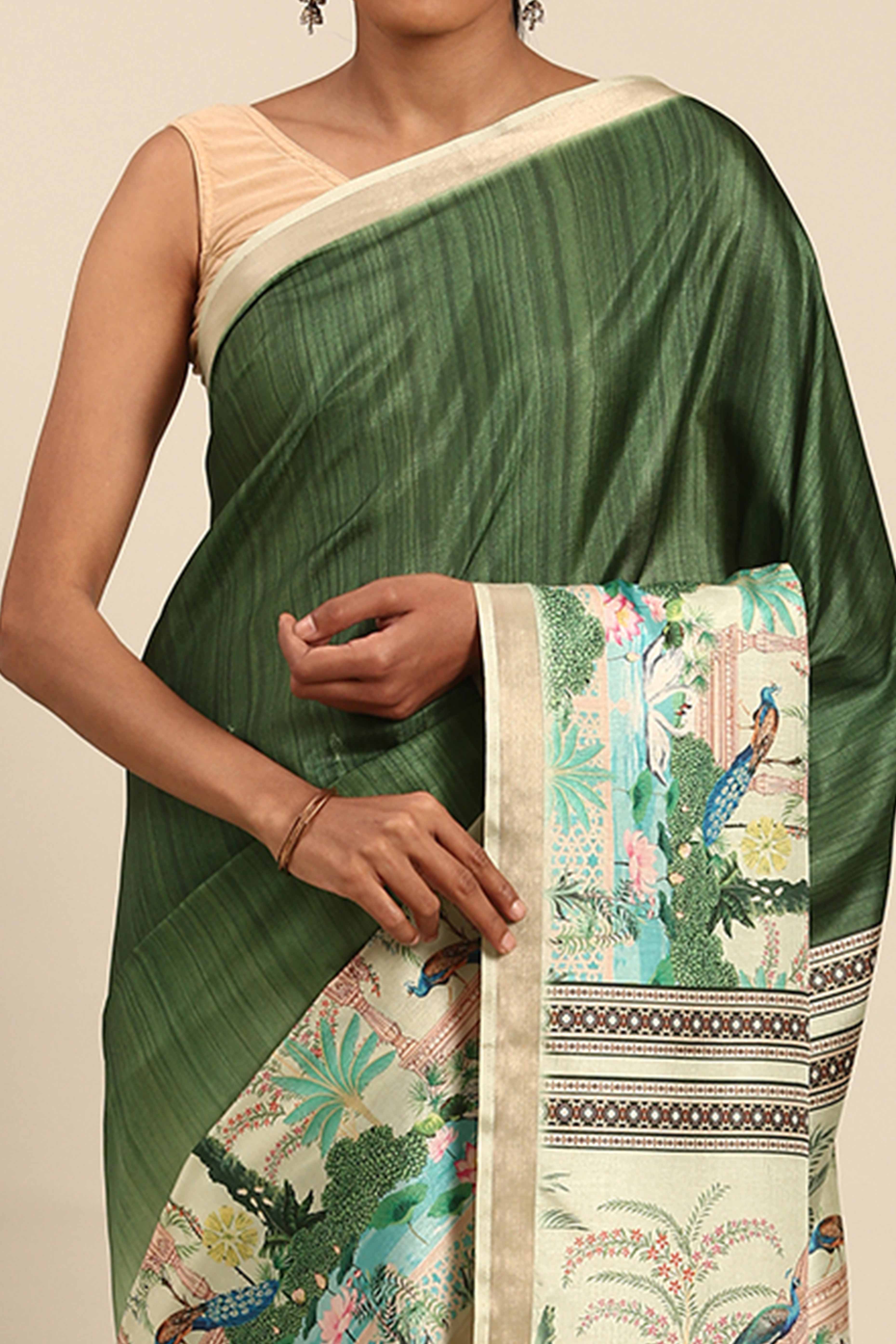 Green Digital Printed Cotton Silk Saree