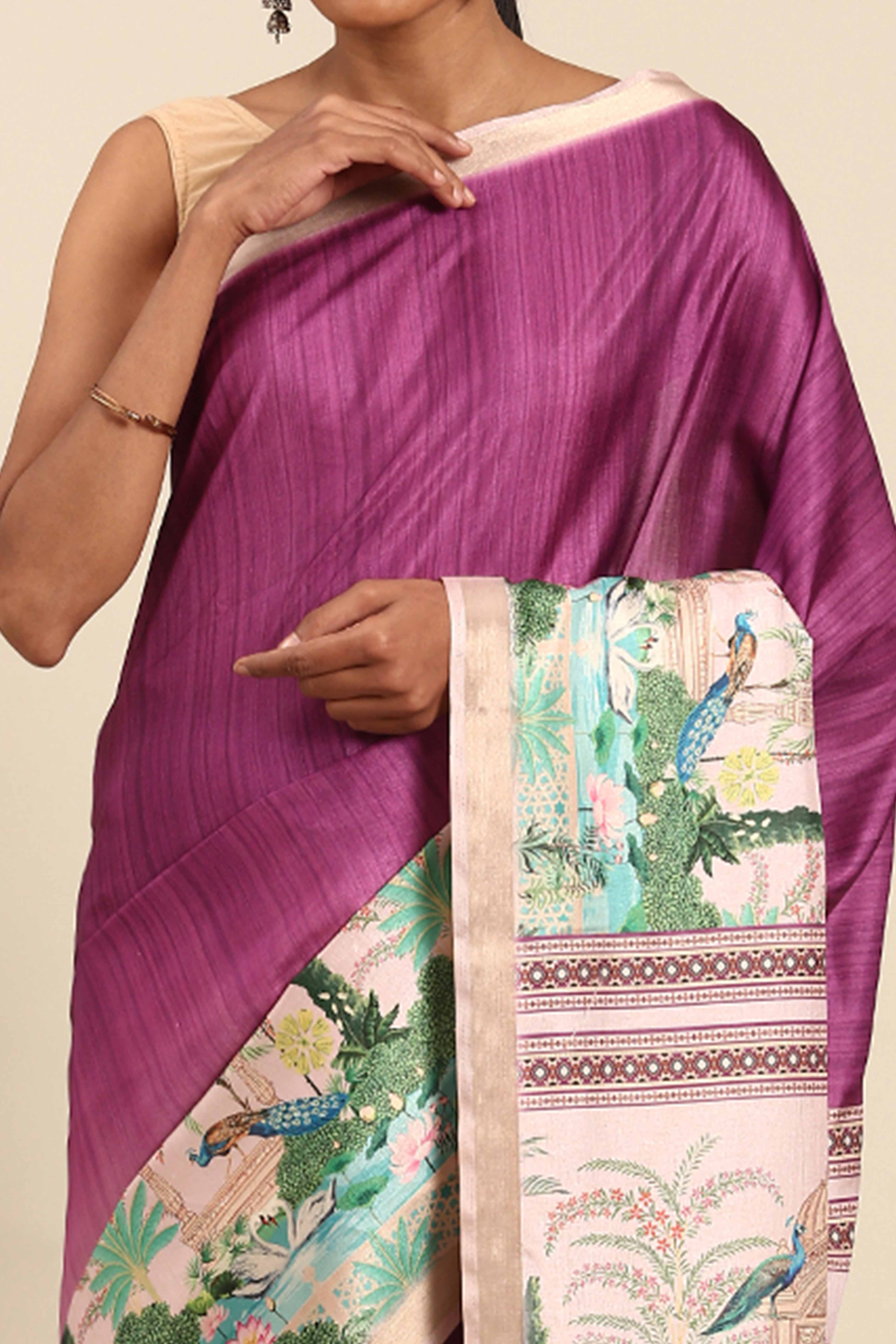 Purple Digital Printed Cotton Silk Saree