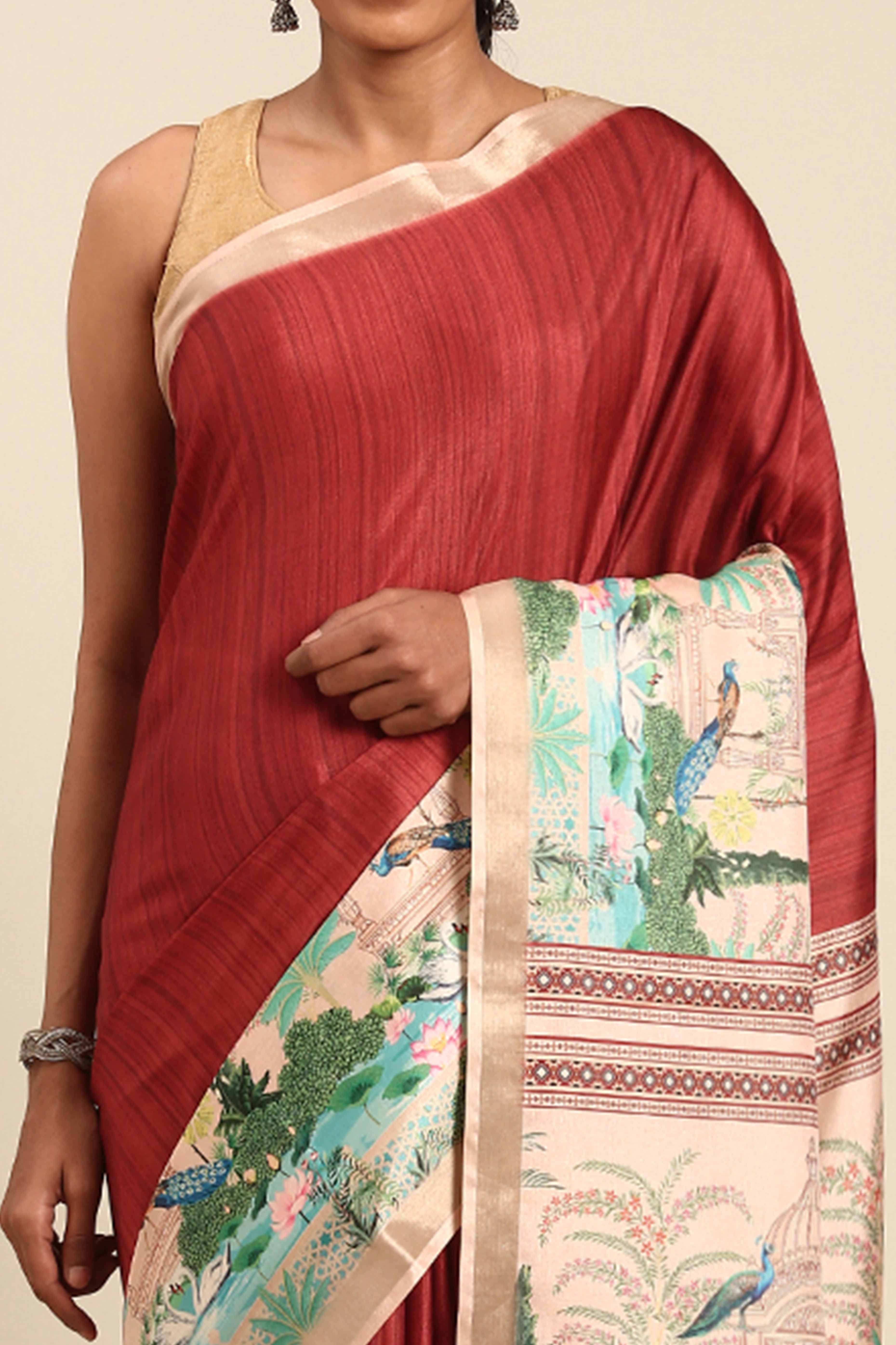 Maroon Digital Printed Cotton Silk Saree