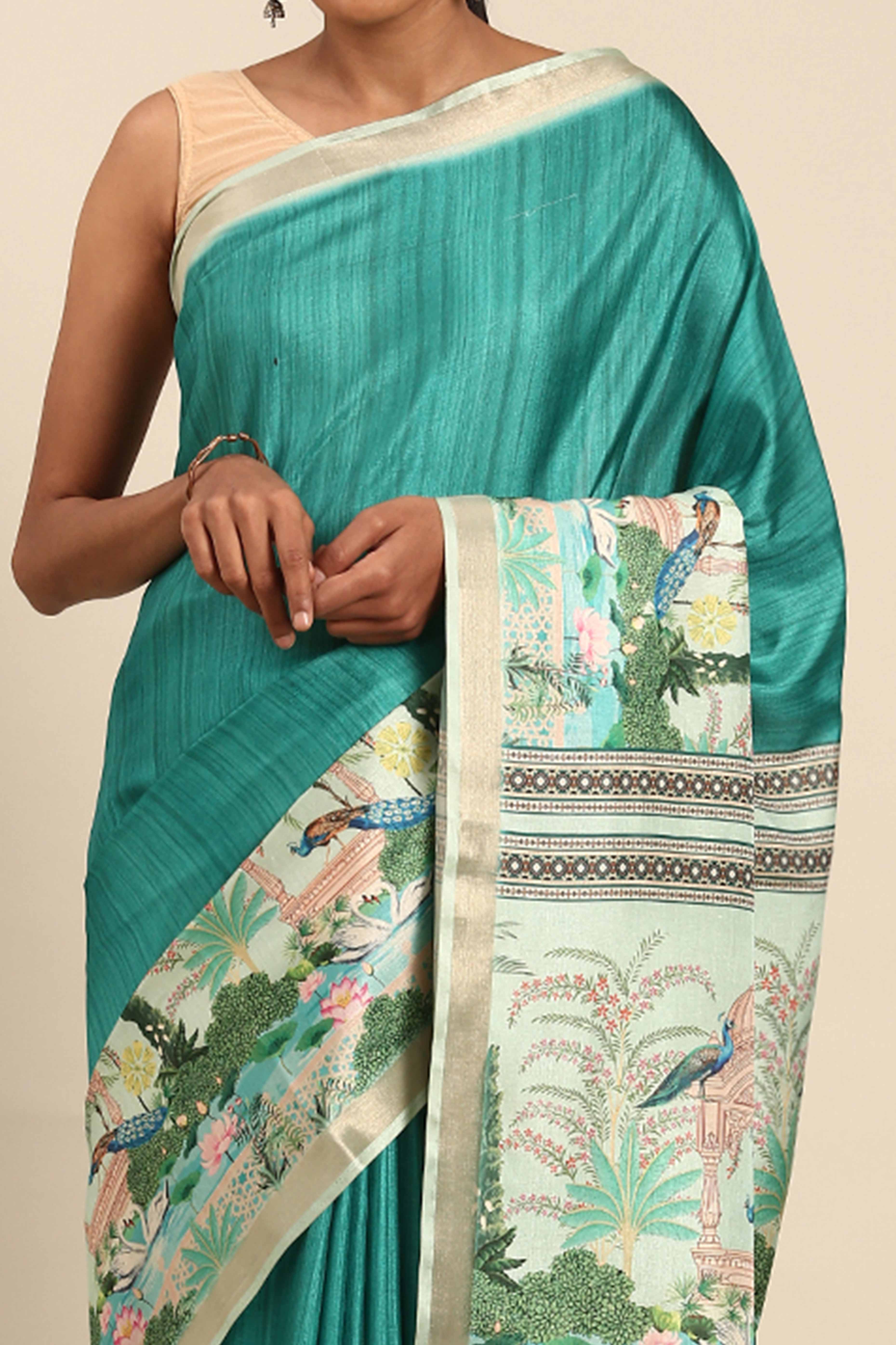 Turquoise Digital Printed Cotton Silk Saree