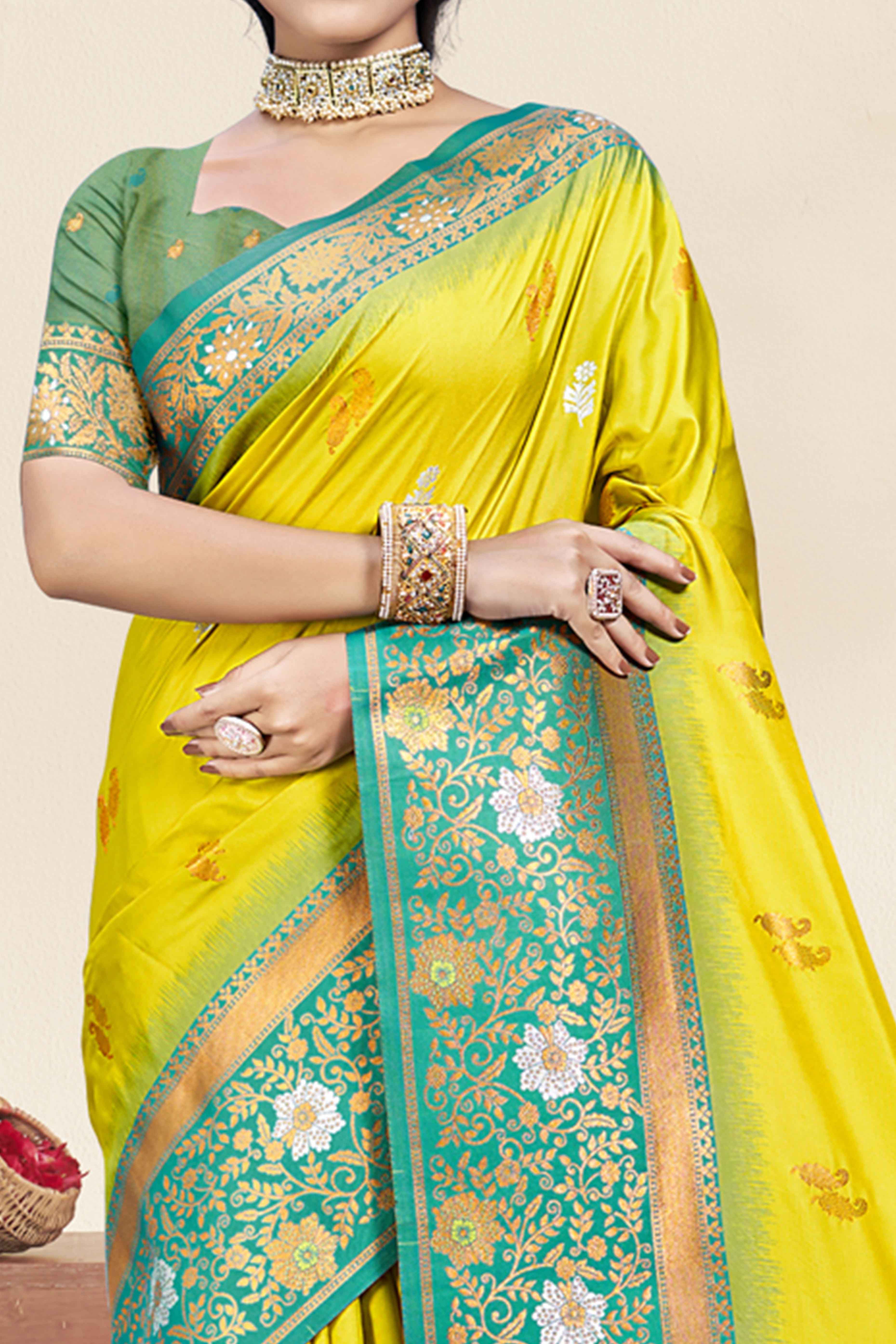 Lemon Yellow Floral Woven Banarasi Silk Saree