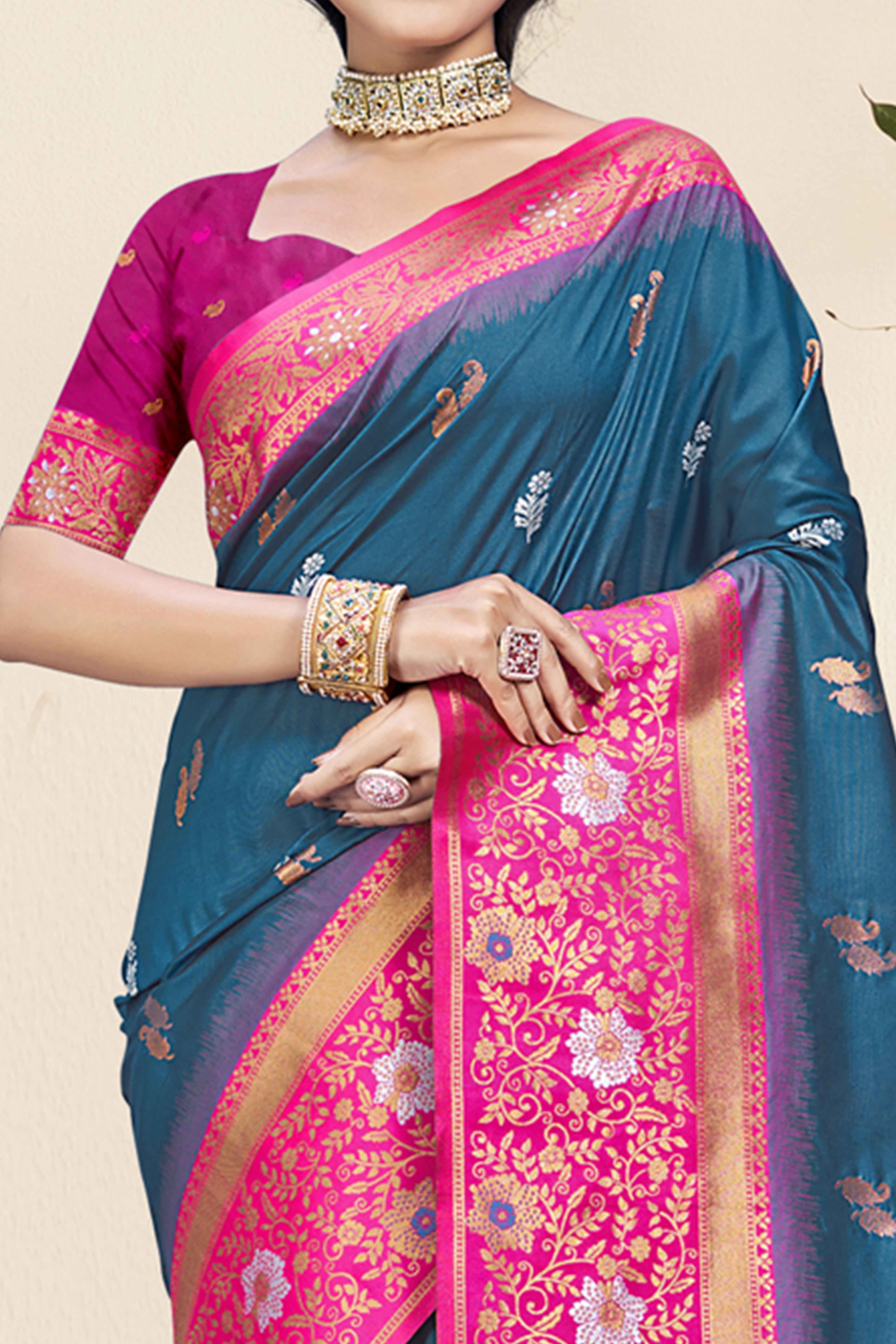 Blue Floral Woven Banarasi Silk Saree