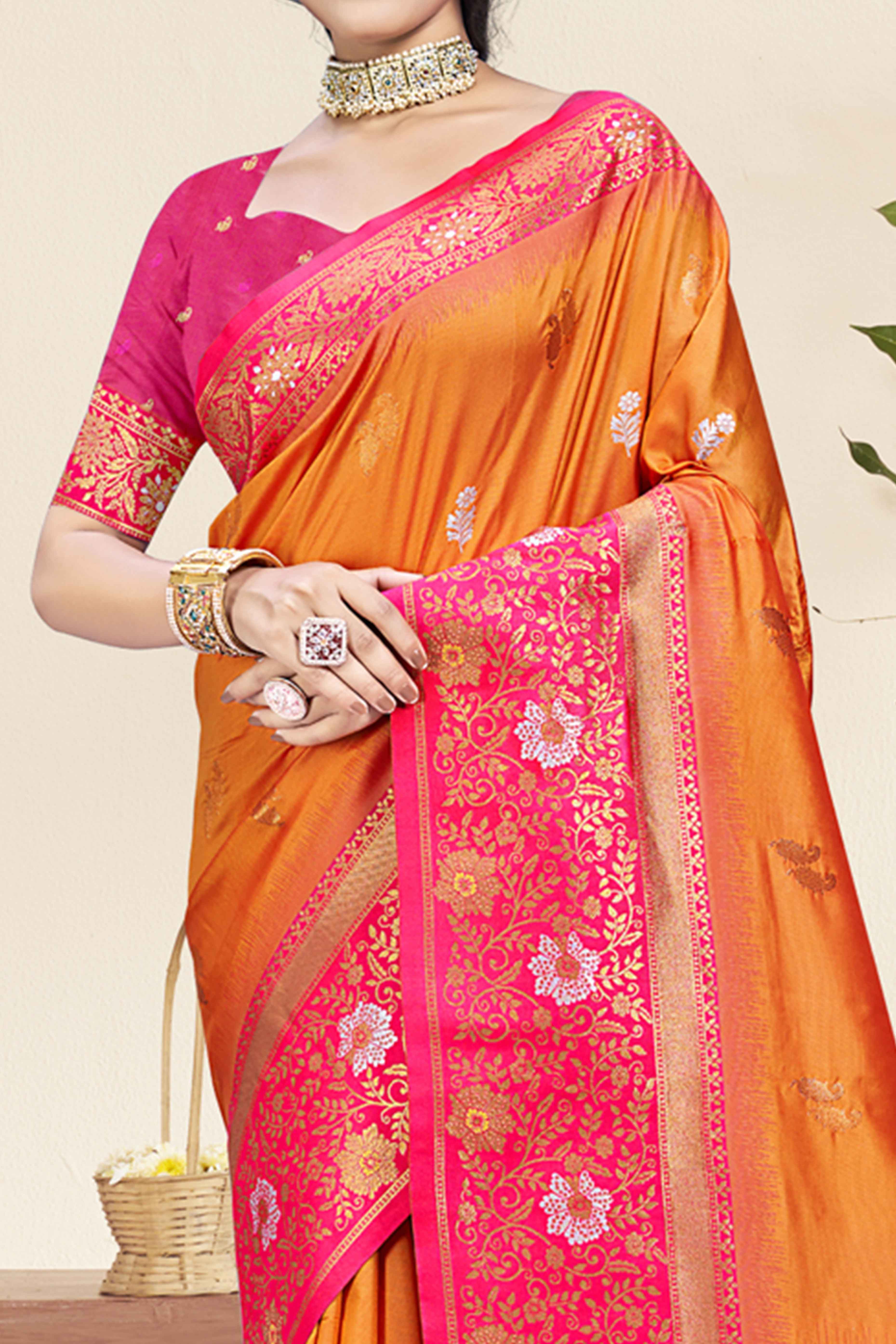 Orange Floral Woven Banarasi Silk Saree