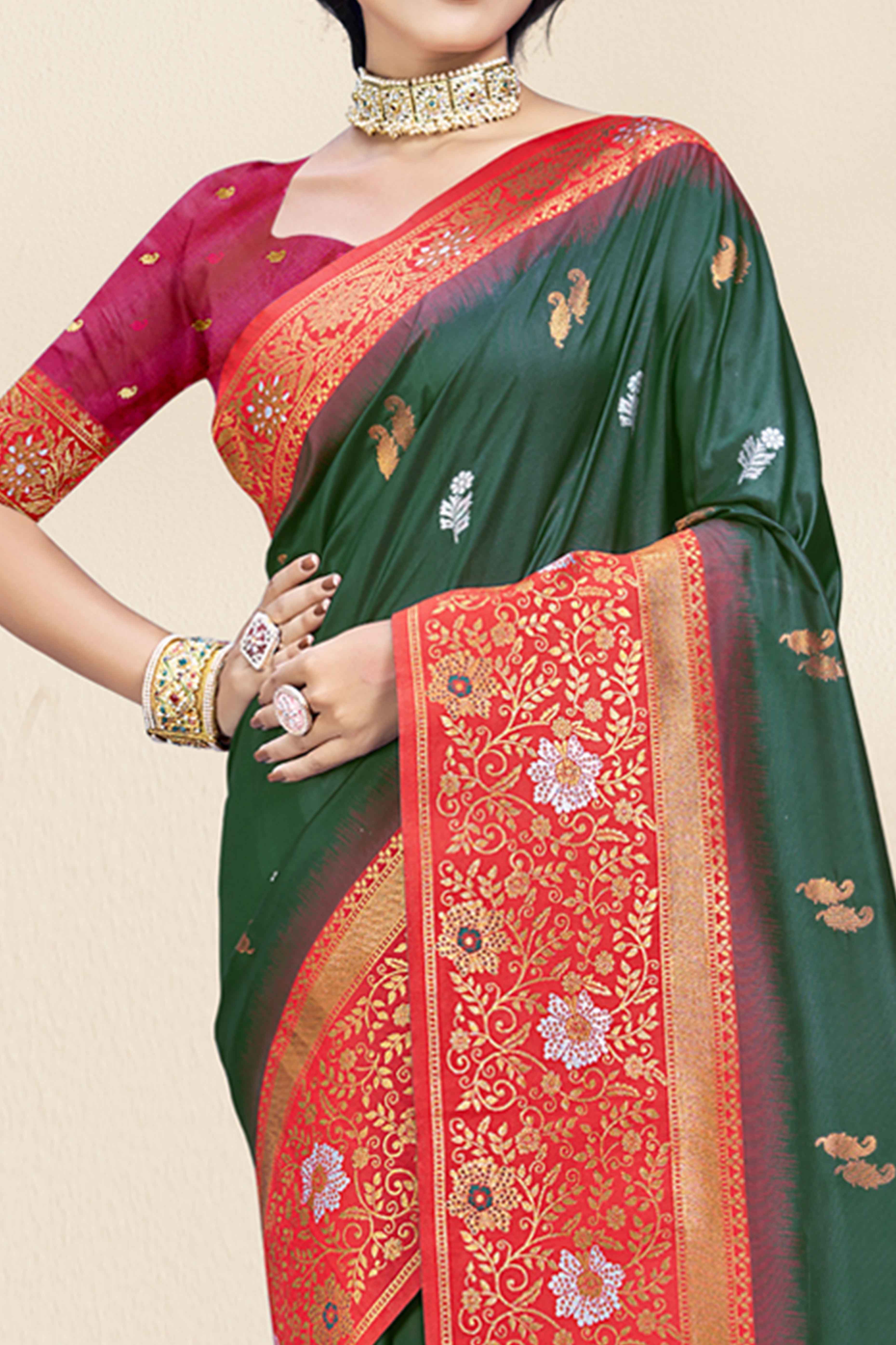 Green Floral Woven Banarasi Silk Saree