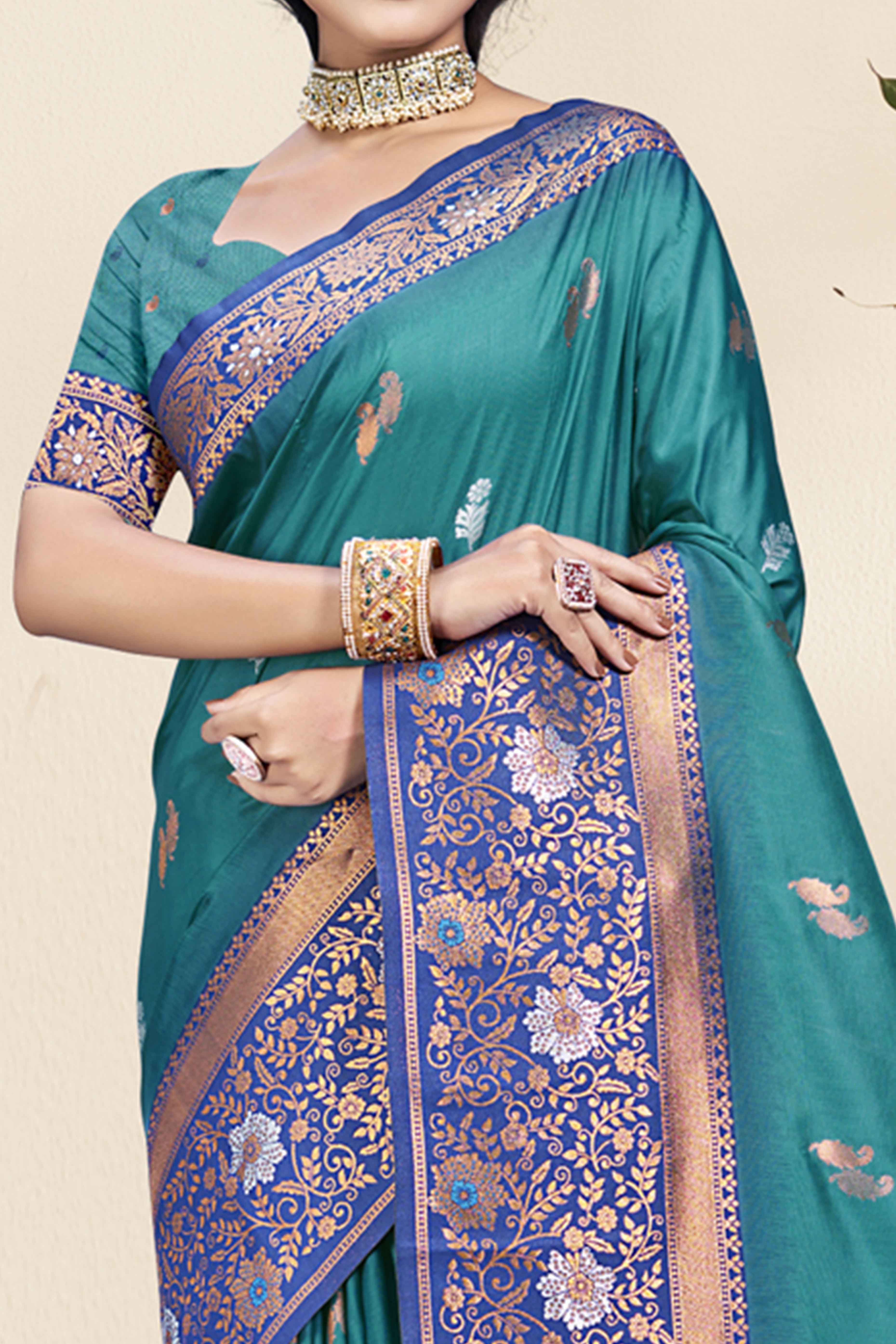 Blue Floral Woven Banarasi Silk Saree