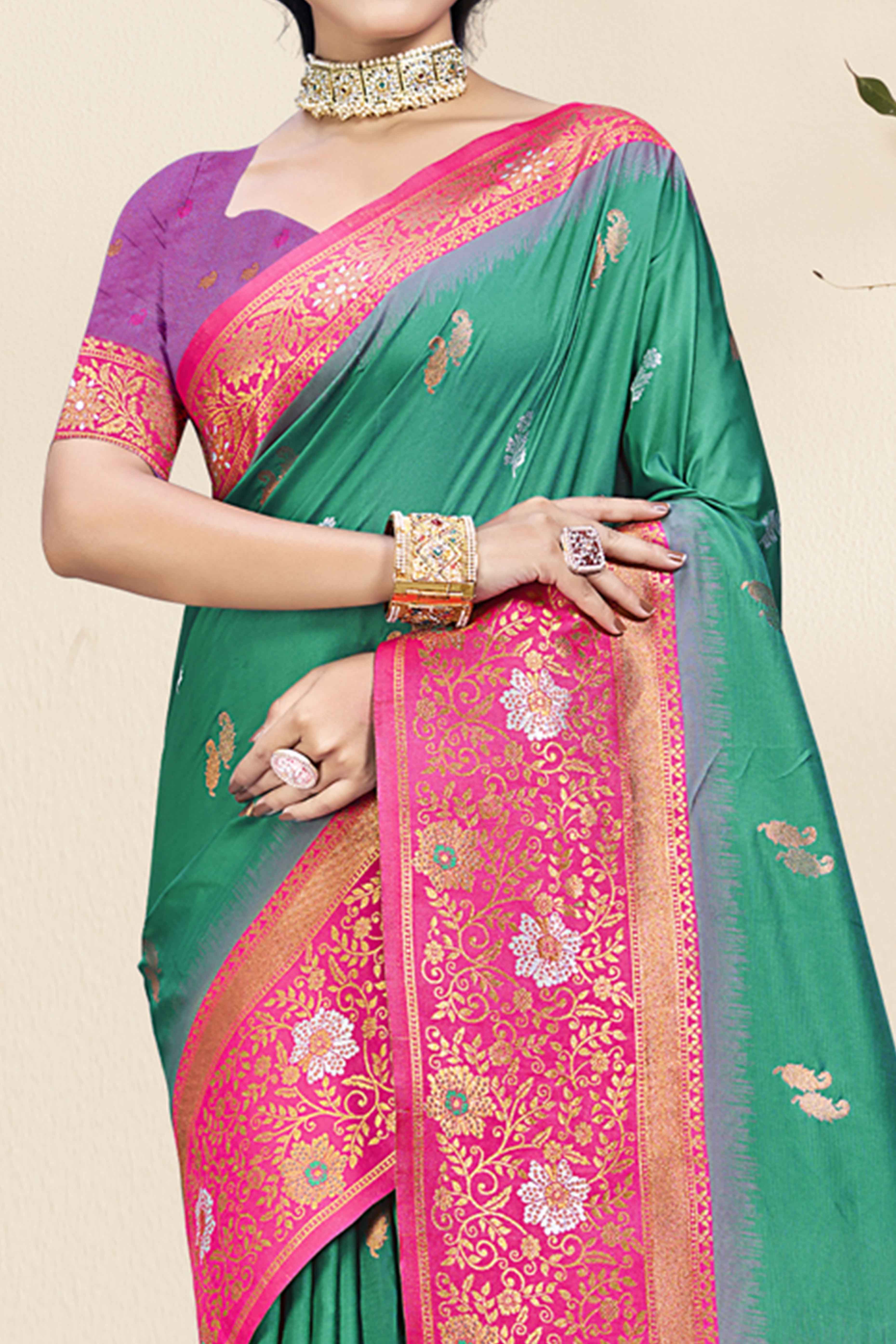 Rama Green Floral Woven Banarasi Silk Saree