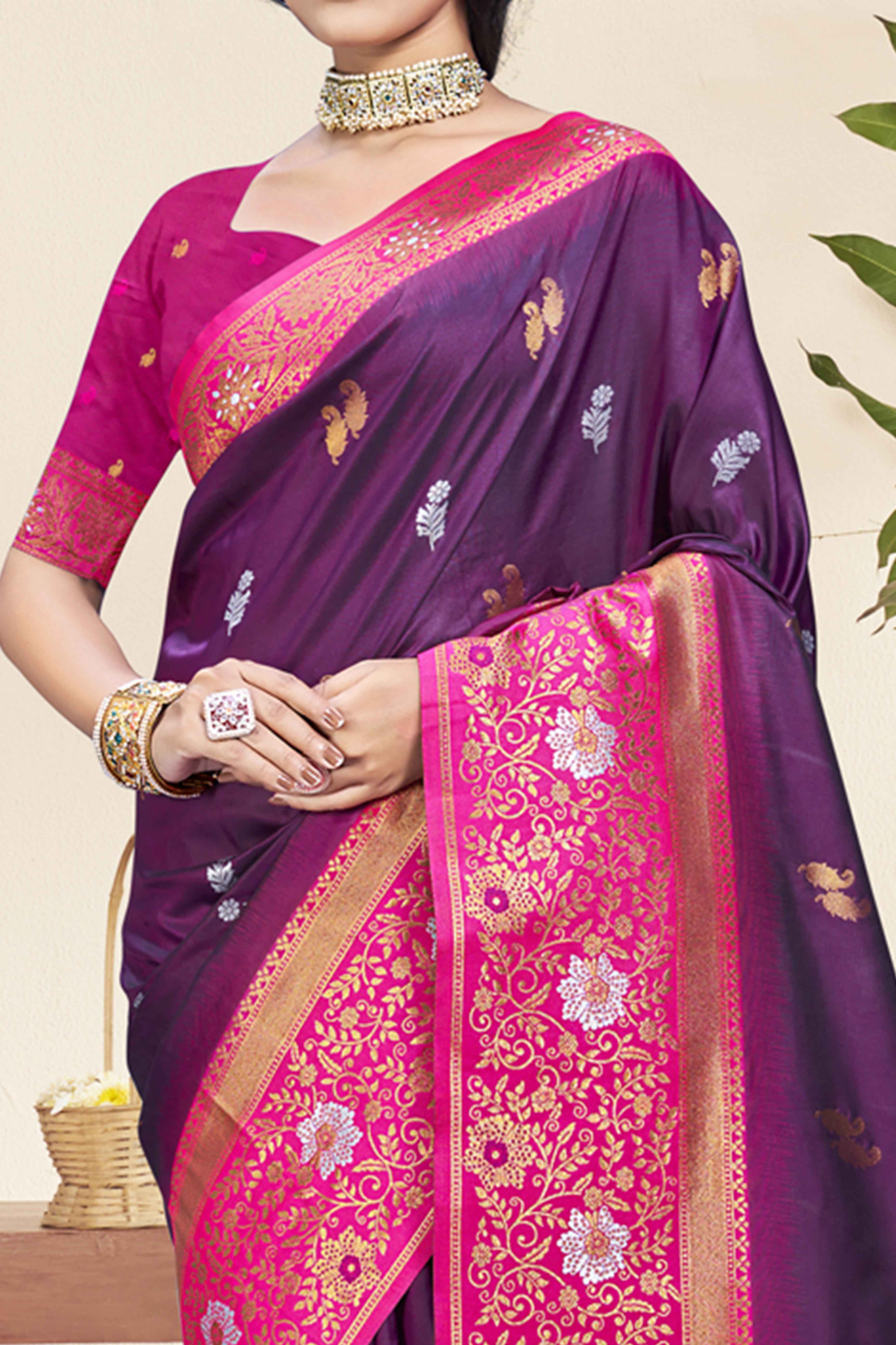 Wine Floral Woven Banarasi Silk Saree