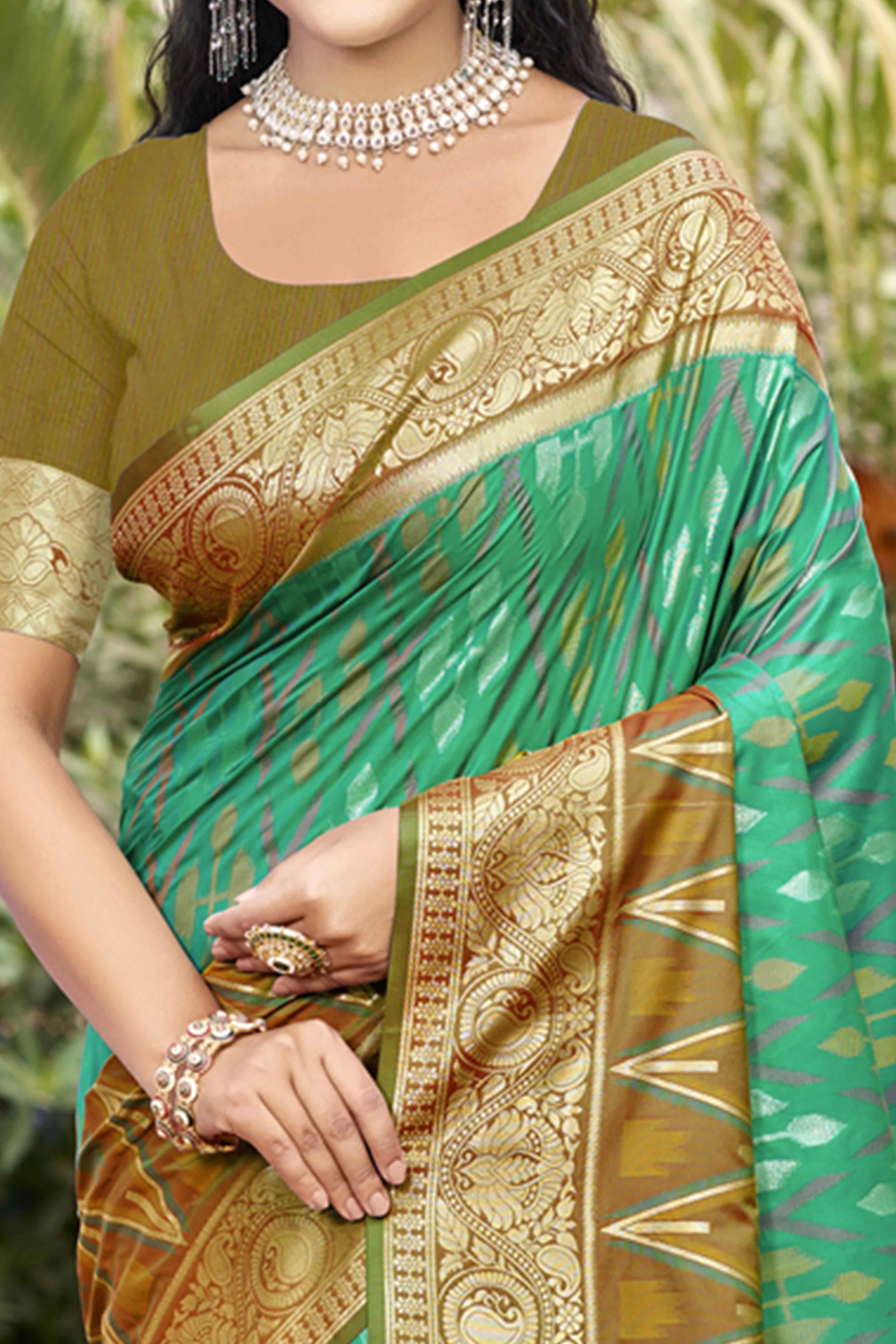Rama Green & Olive Woven Cotton Silk Saree With Tassels
