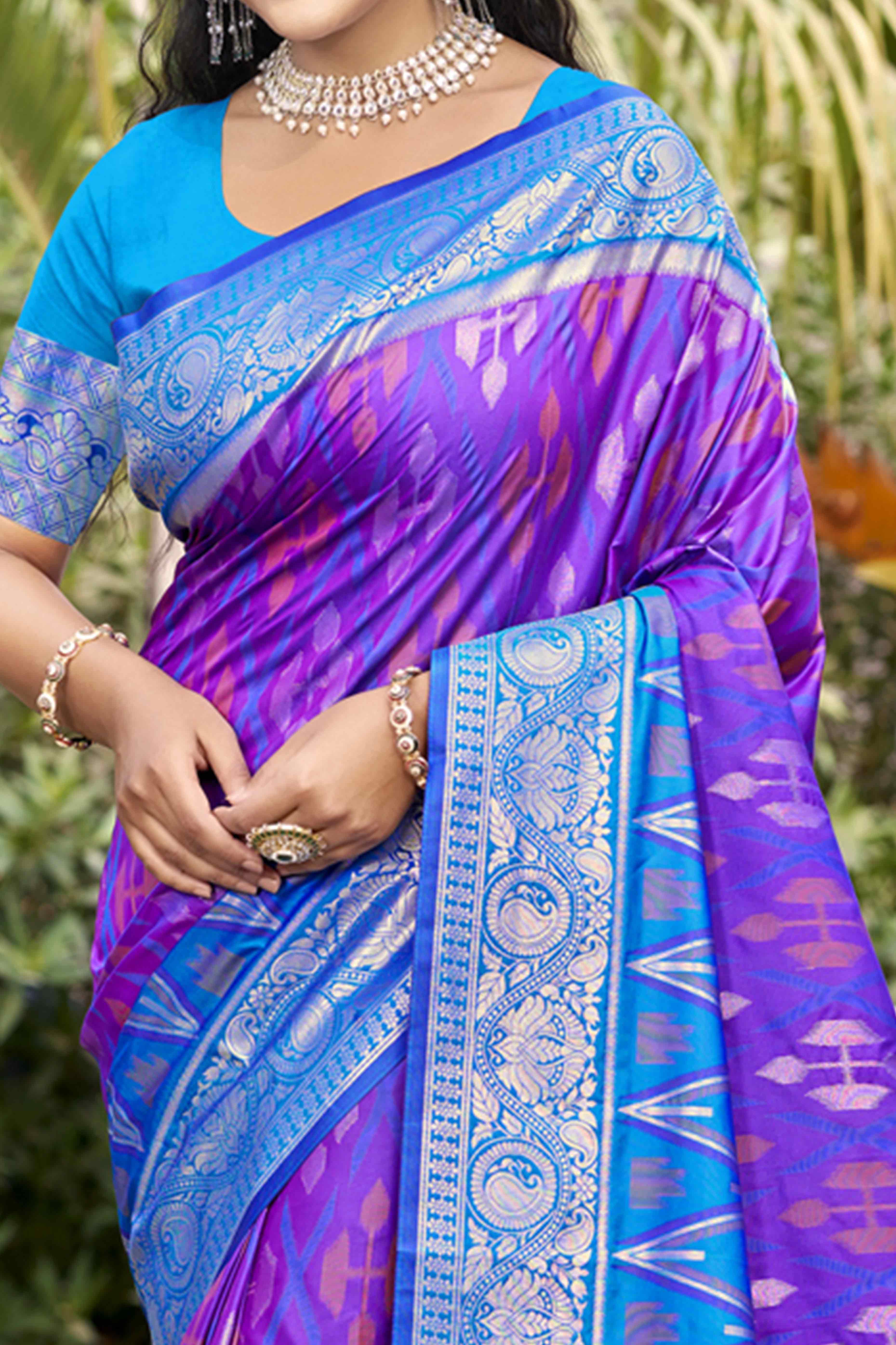 Violet & Blue Woven Cotton Silk Saree With Tassels