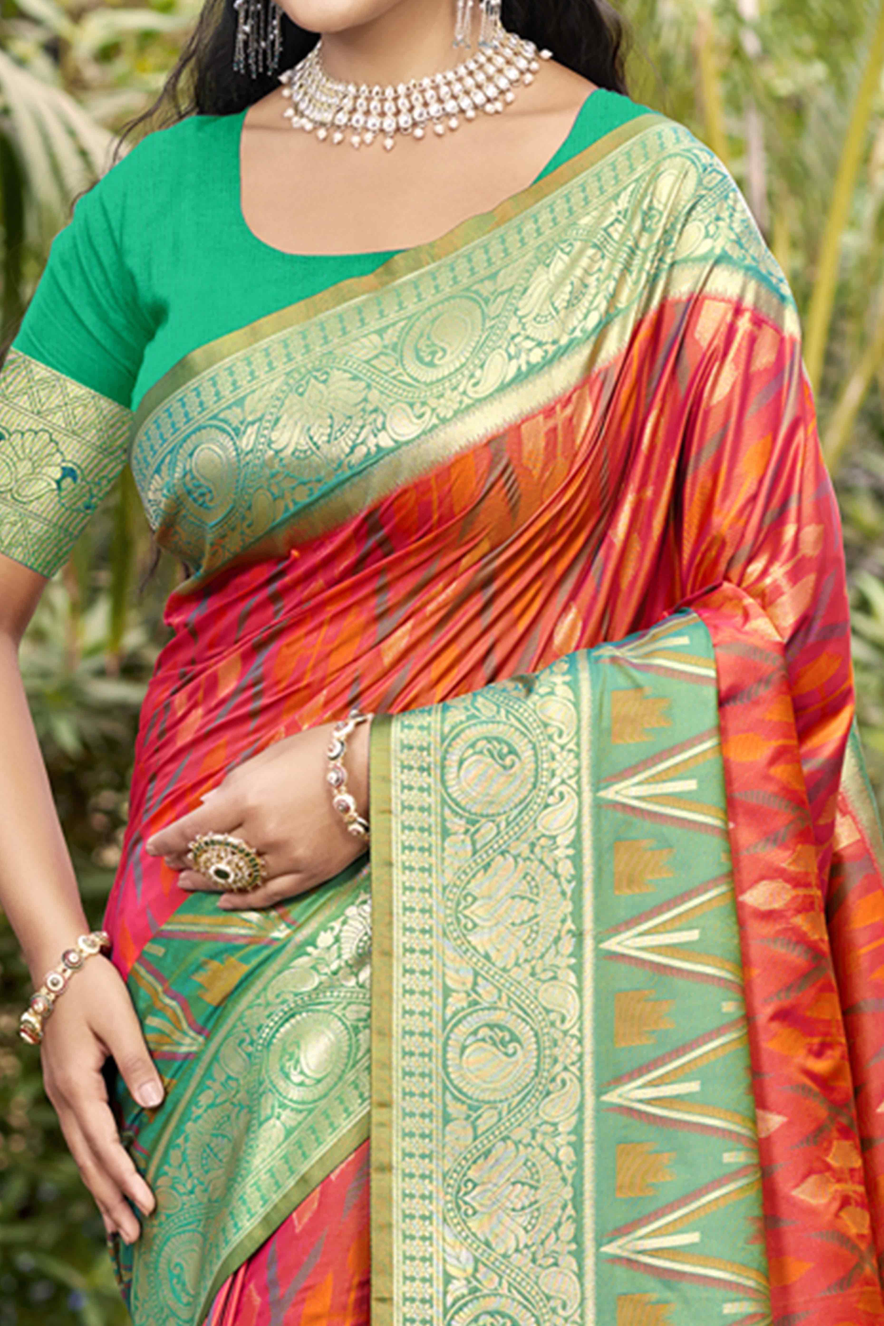 Salmon Pink & Rama Woven Cotton Silk Saree With Tassels