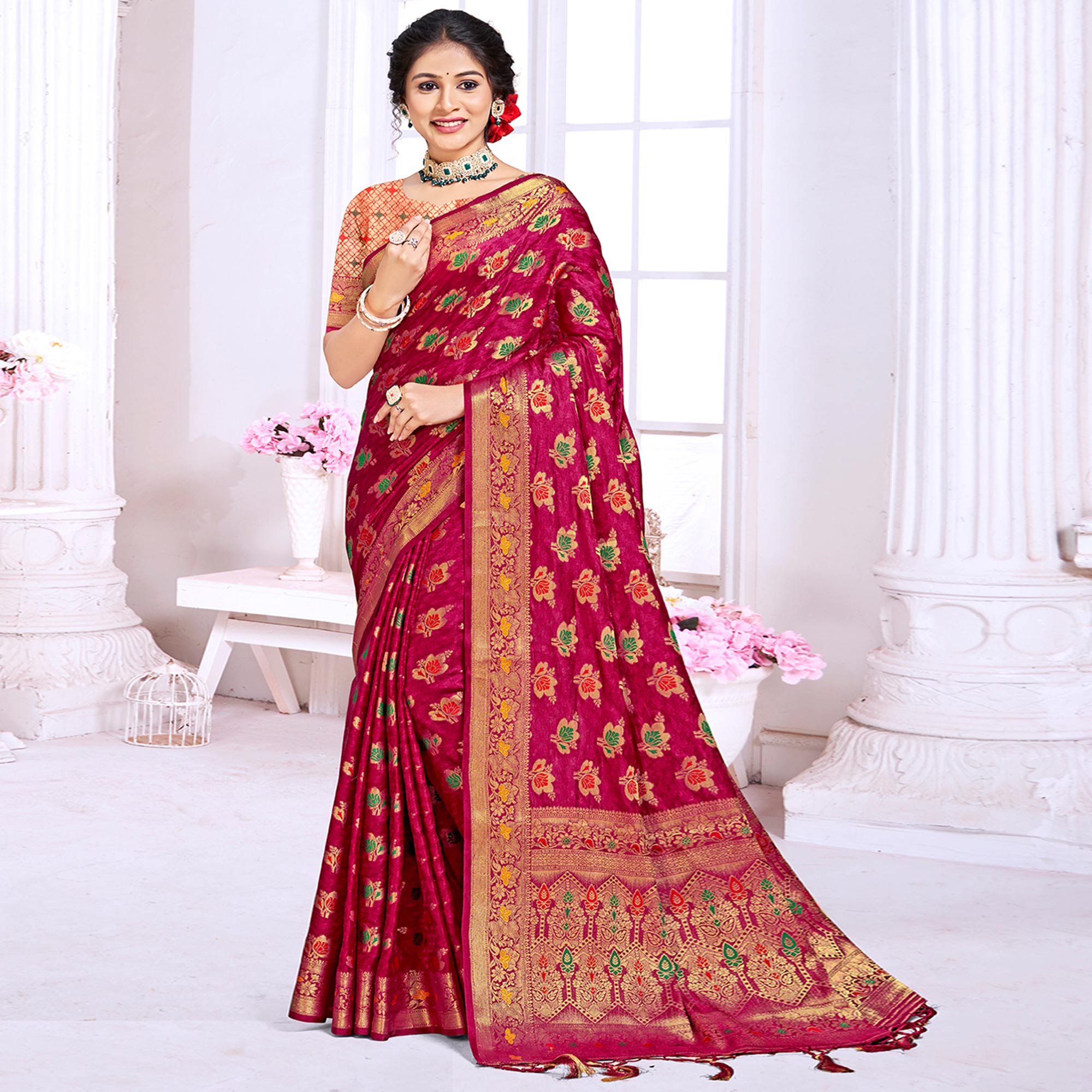 Pink Floral Woven Cotton Silk Saree With Tassels