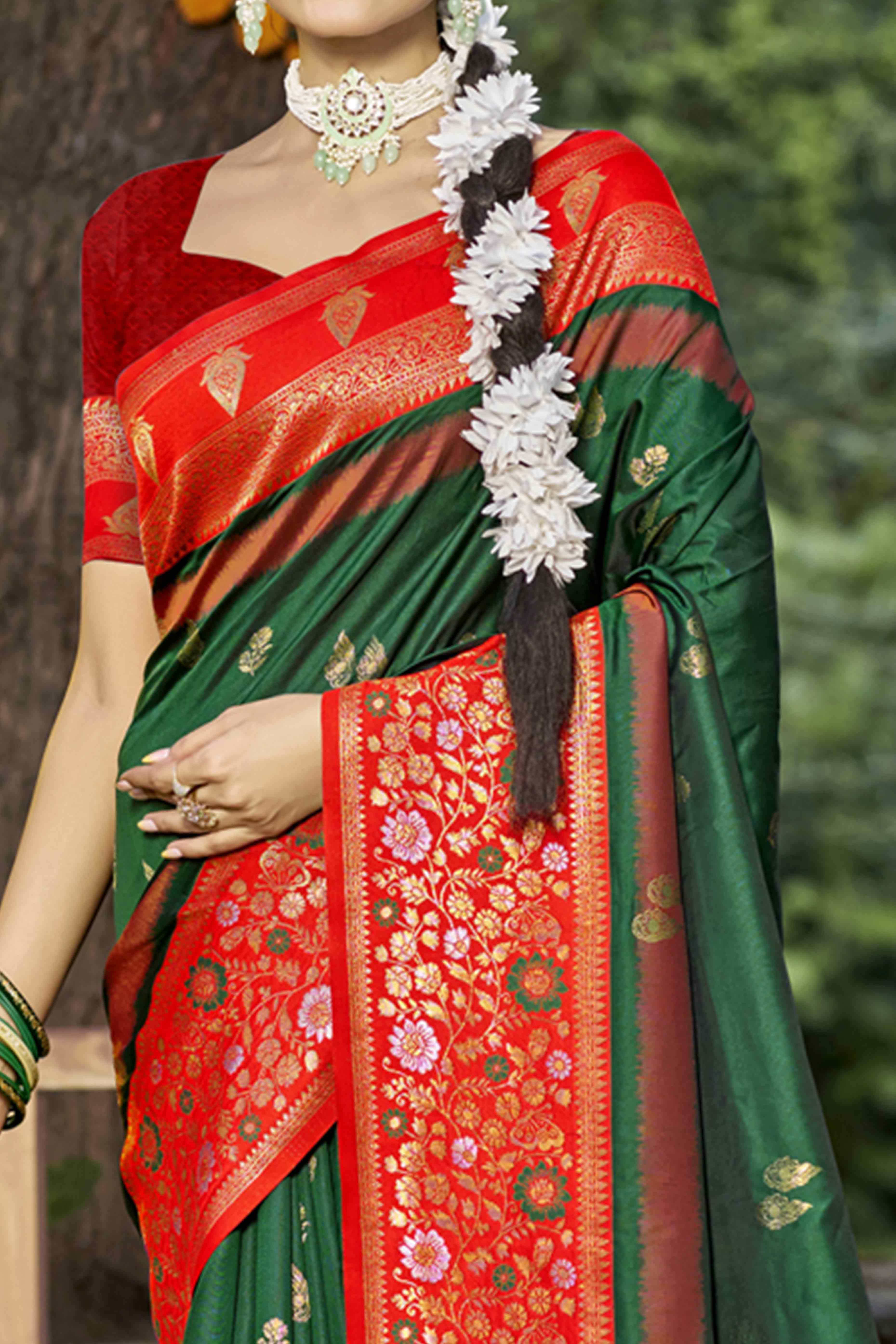 Green Floral Woven Banarasi Silk Saree With Tassels