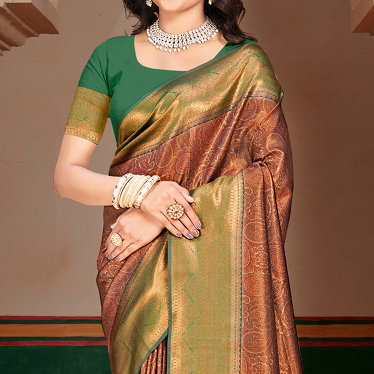 Brown & Green Woven Vichitra Silk Saree With Tassels