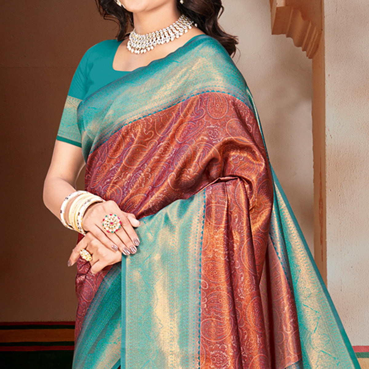 Rust & Blue Woven Vichitra Silk Saree With Tassels