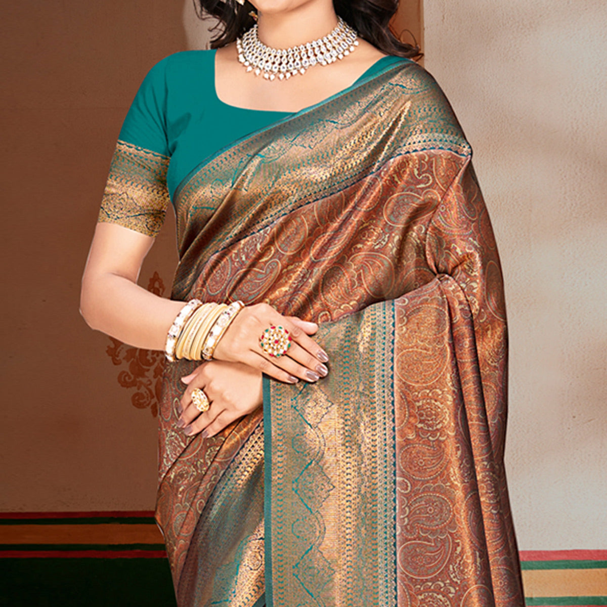 Brown & Rama Blue Woven Vichitra Silk Saree With Tassels