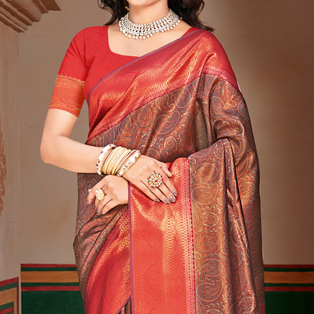 Brown & Red Woven Vichitra Silk Saree With Tassels