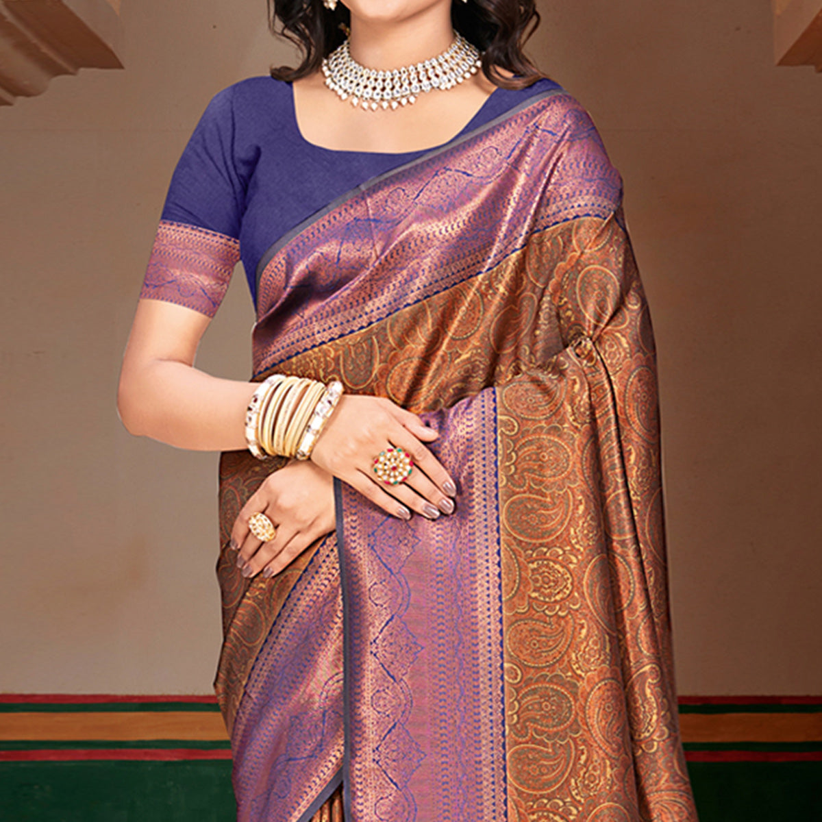 Brown & Violet Woven Vichitra Silk Saree With Tassels