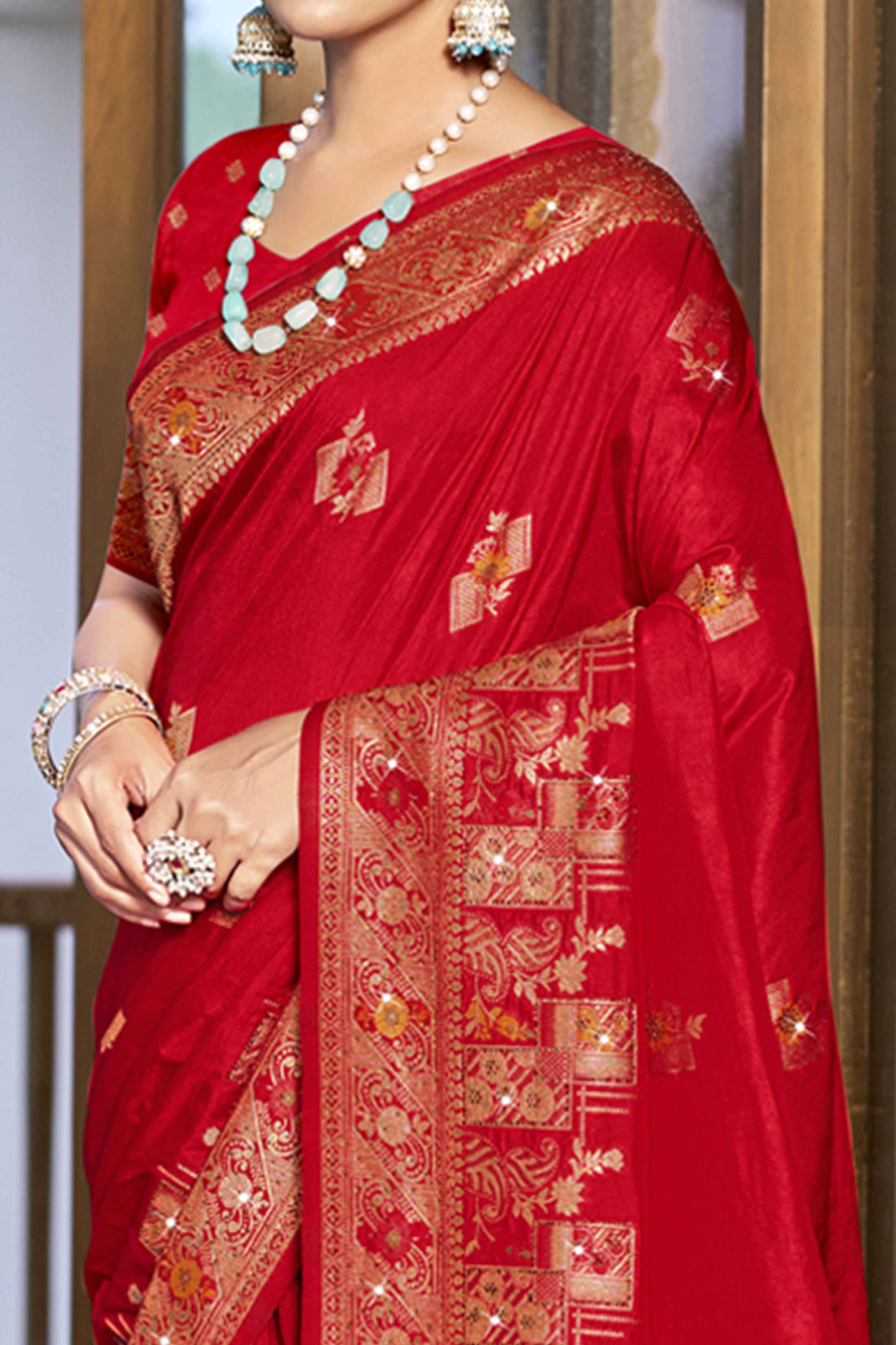 Red Stone Work Weaving Satin Silk Saree
