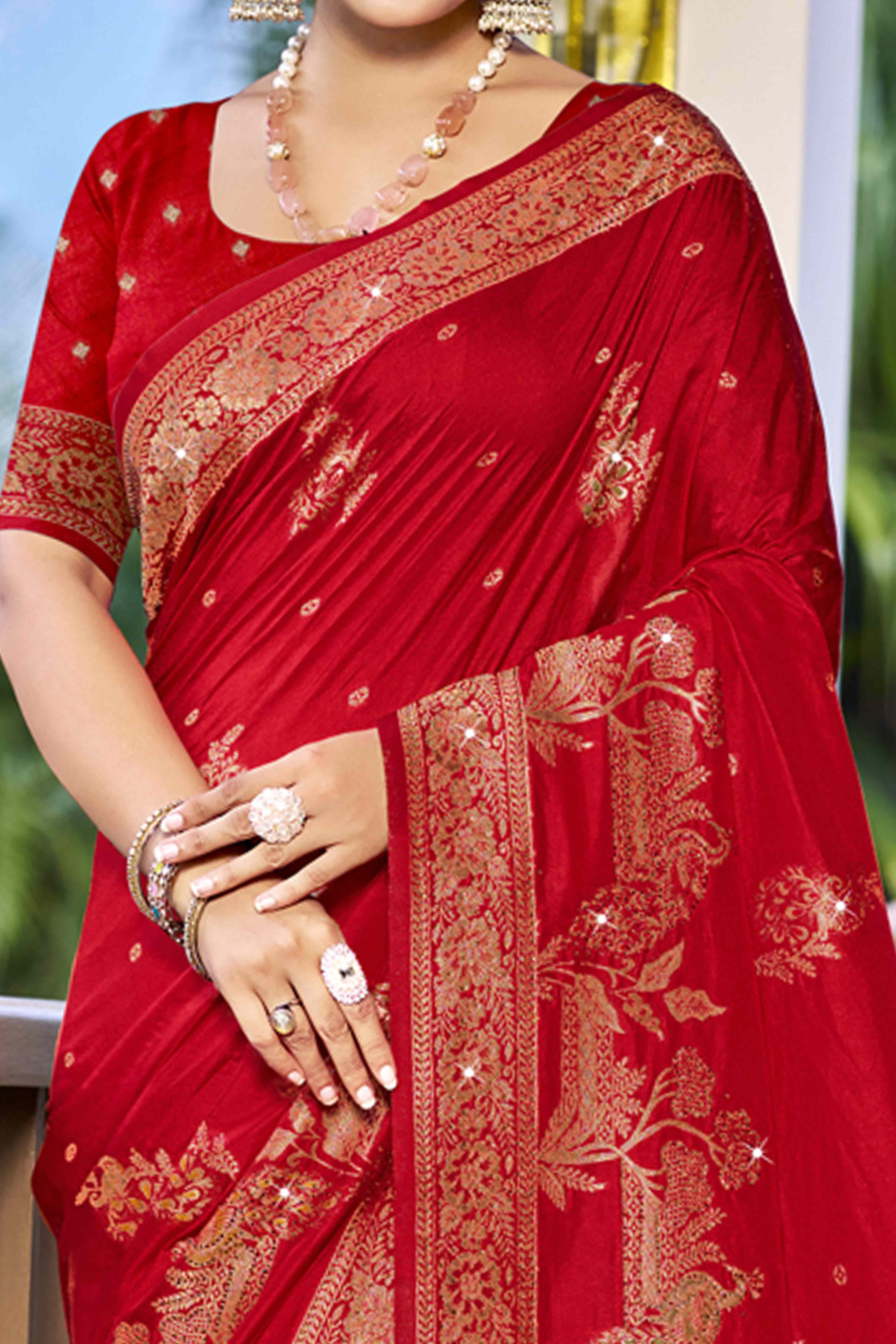 Red Stone Work Weaving Satin Silk Saree