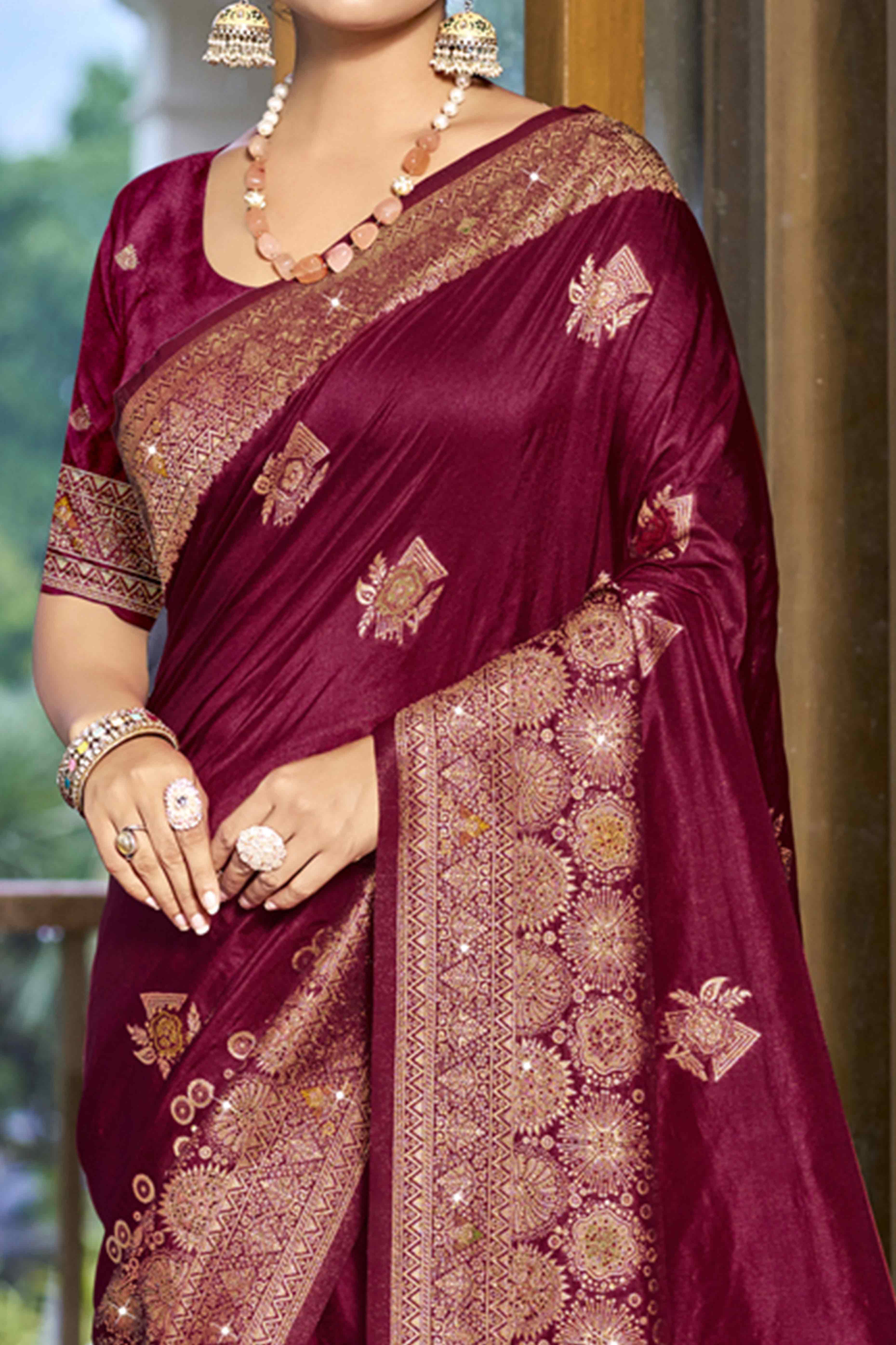 Wine Stone Work Weaving Satin Silk Saree