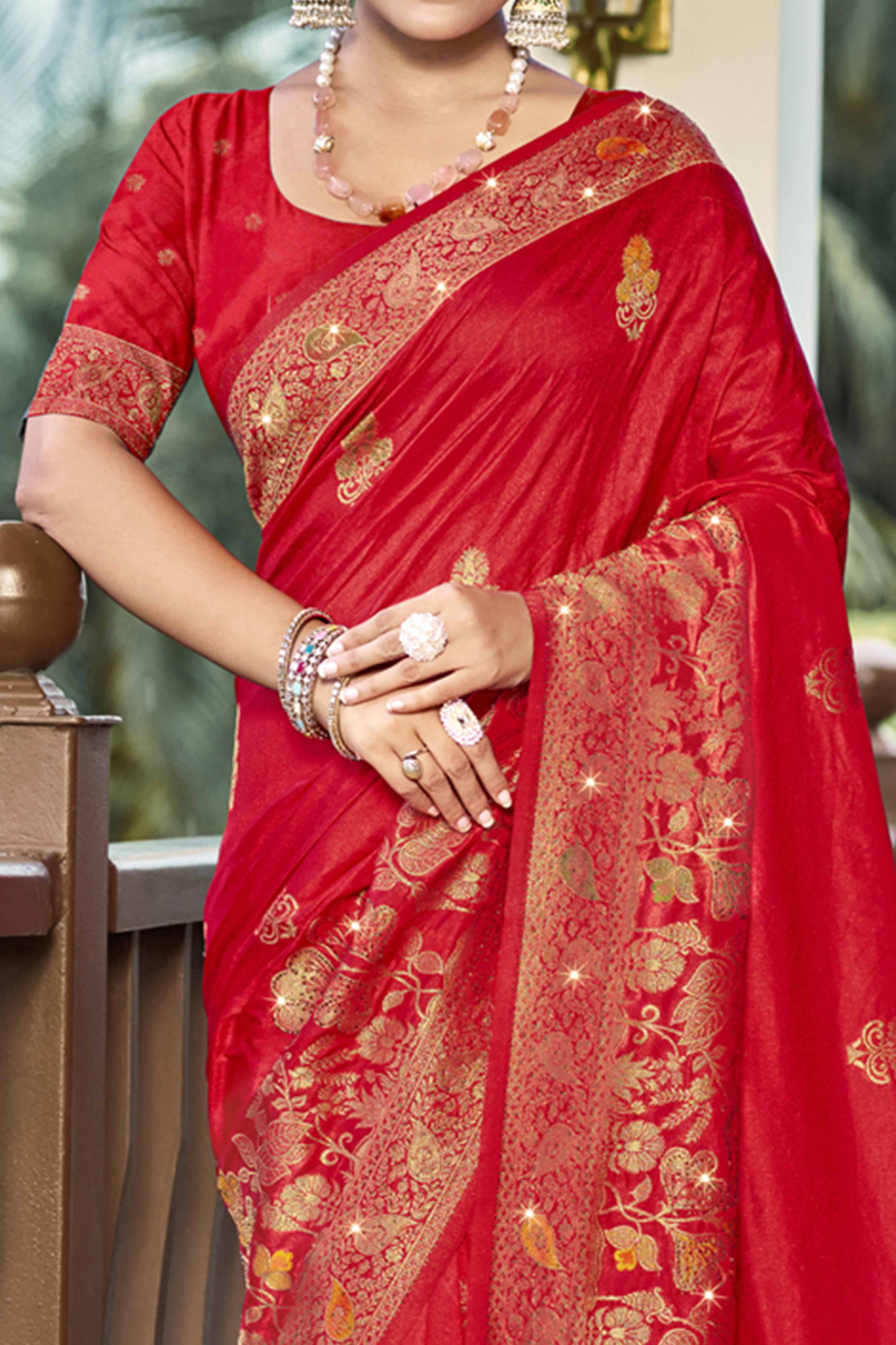 Red Floral Woven With Swarovski Work Pure Silk Saree With Tassels