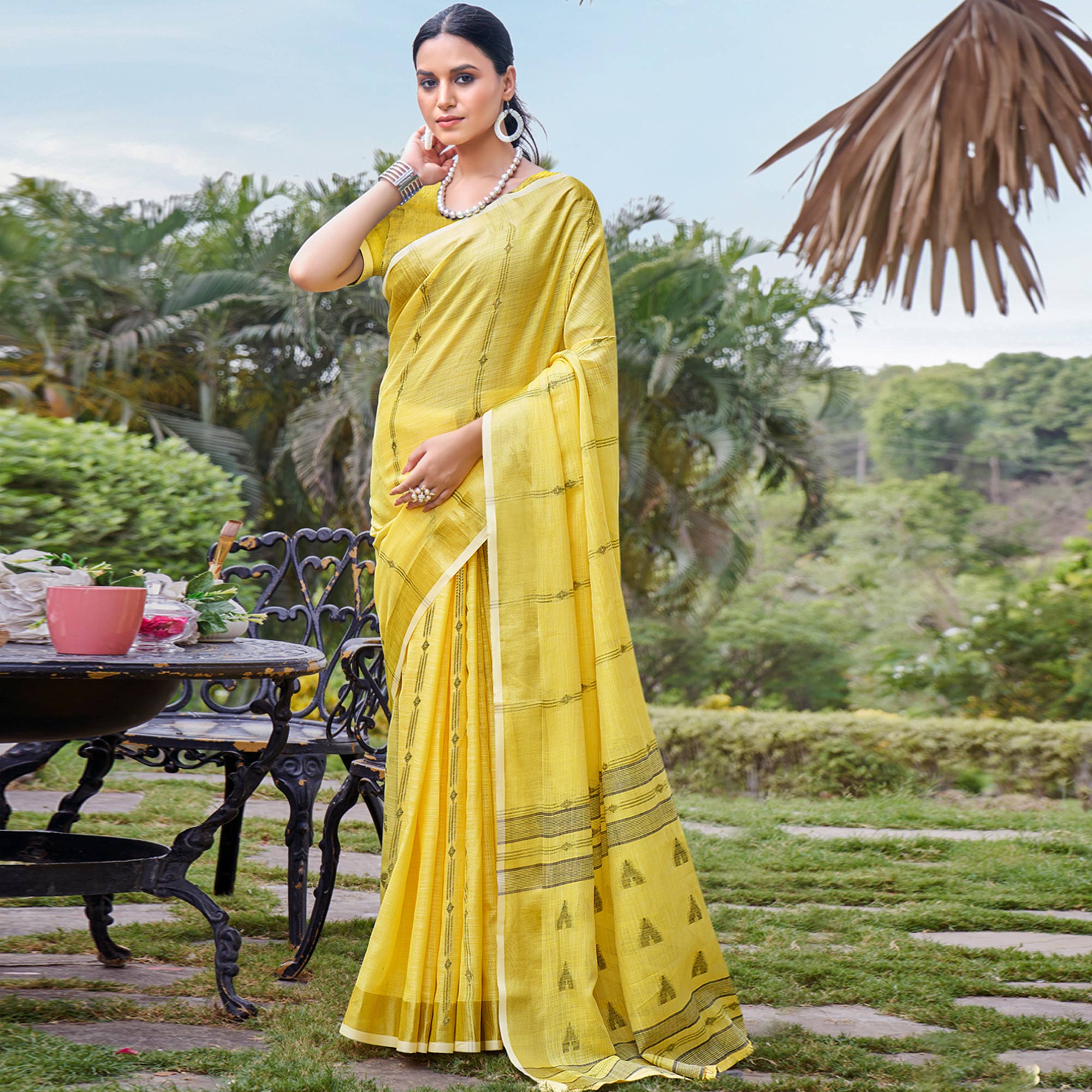 Yellow Woven Cotton Blend Saree With Tassels