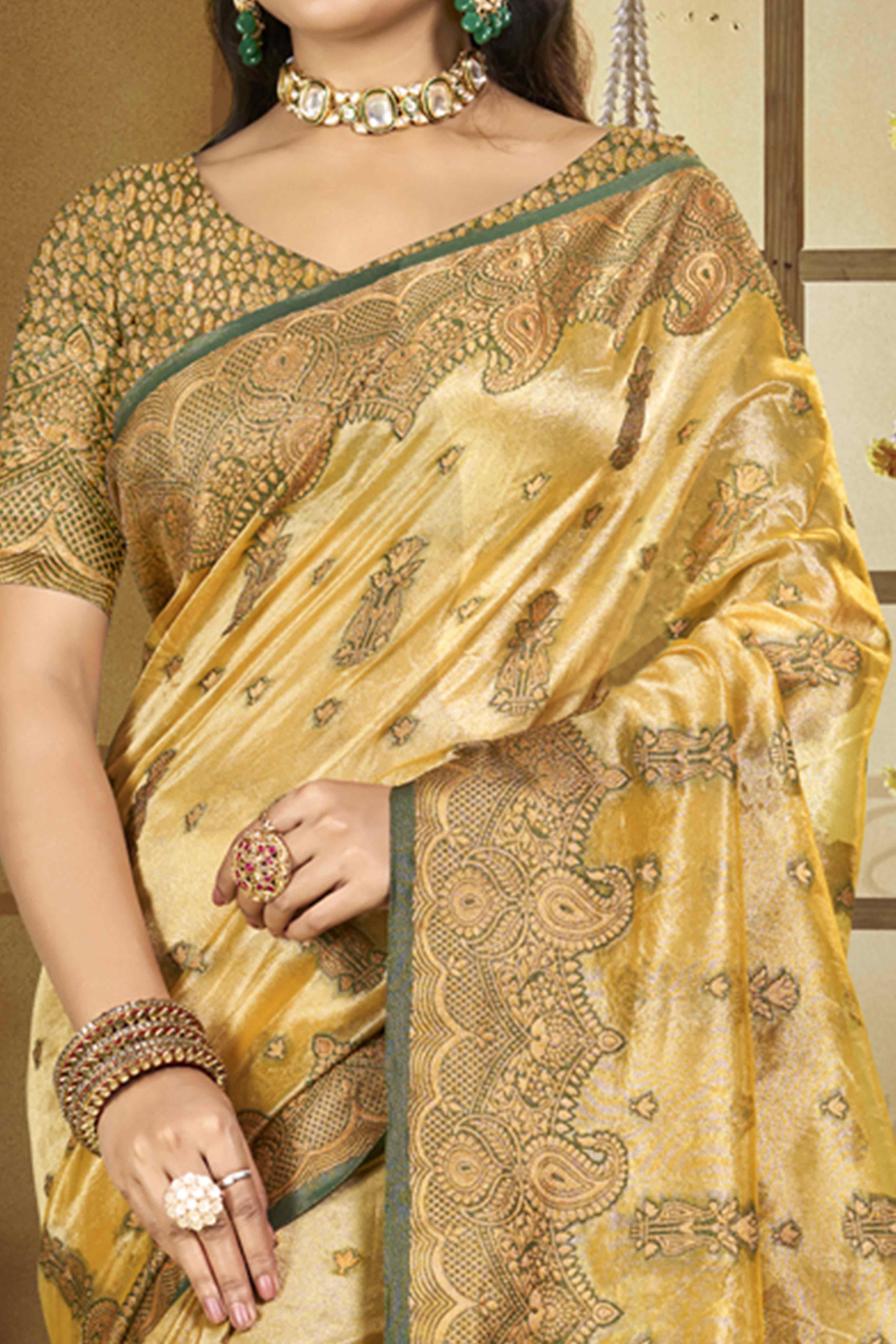 Golden Paisley Pattern Woven Organza Silk Saree